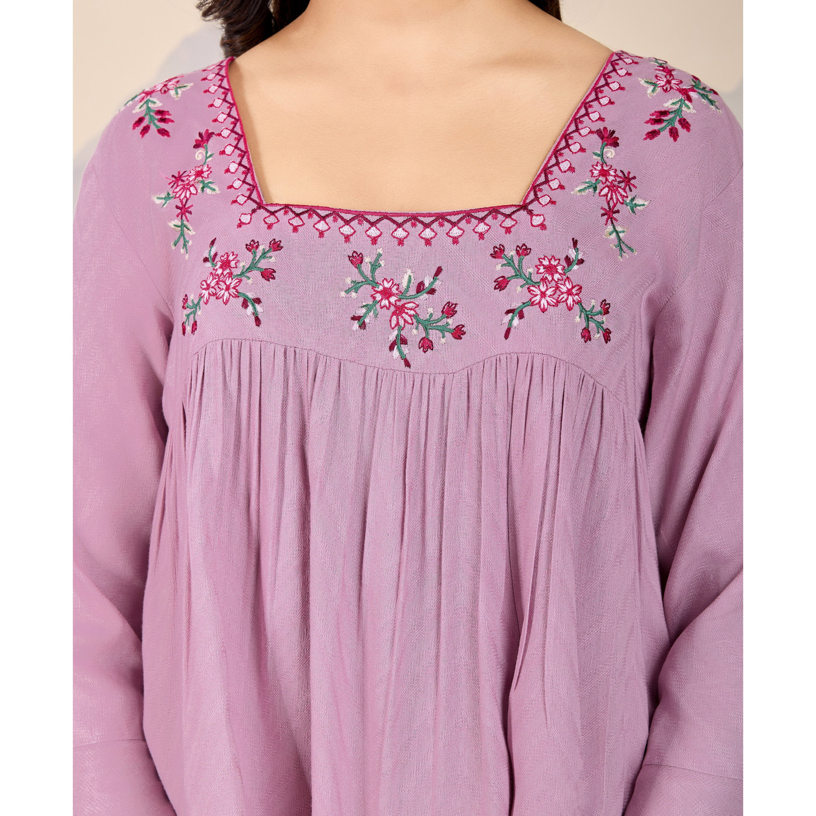 MOJILAA Women's Mauve Pure Viscose Floral Embroidered A-line Top (Size S, Color Mauve)