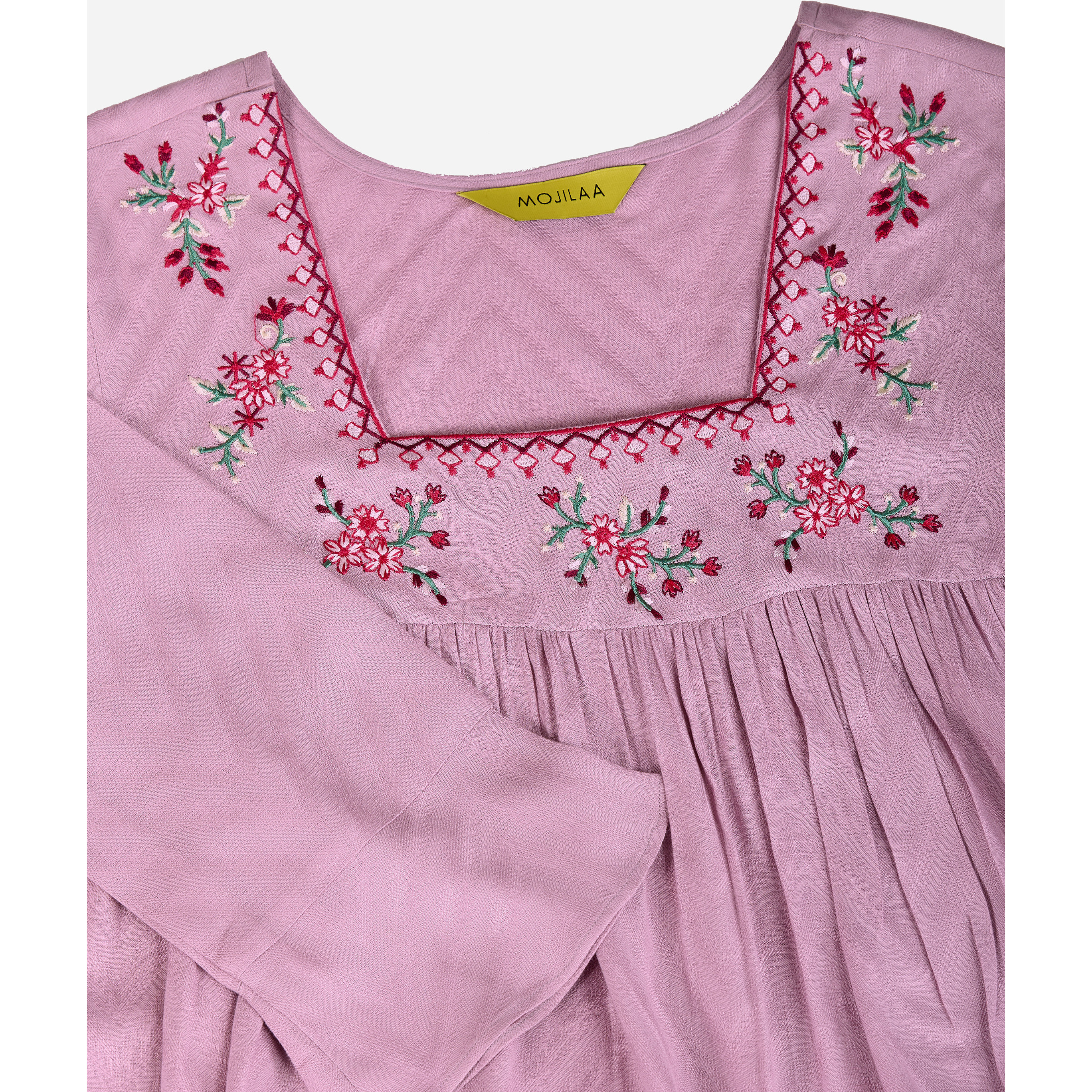 MOJILAA Women's Mauve Pure Viscose Floral Embroidered A-line Top (Size S, Color Mauve)