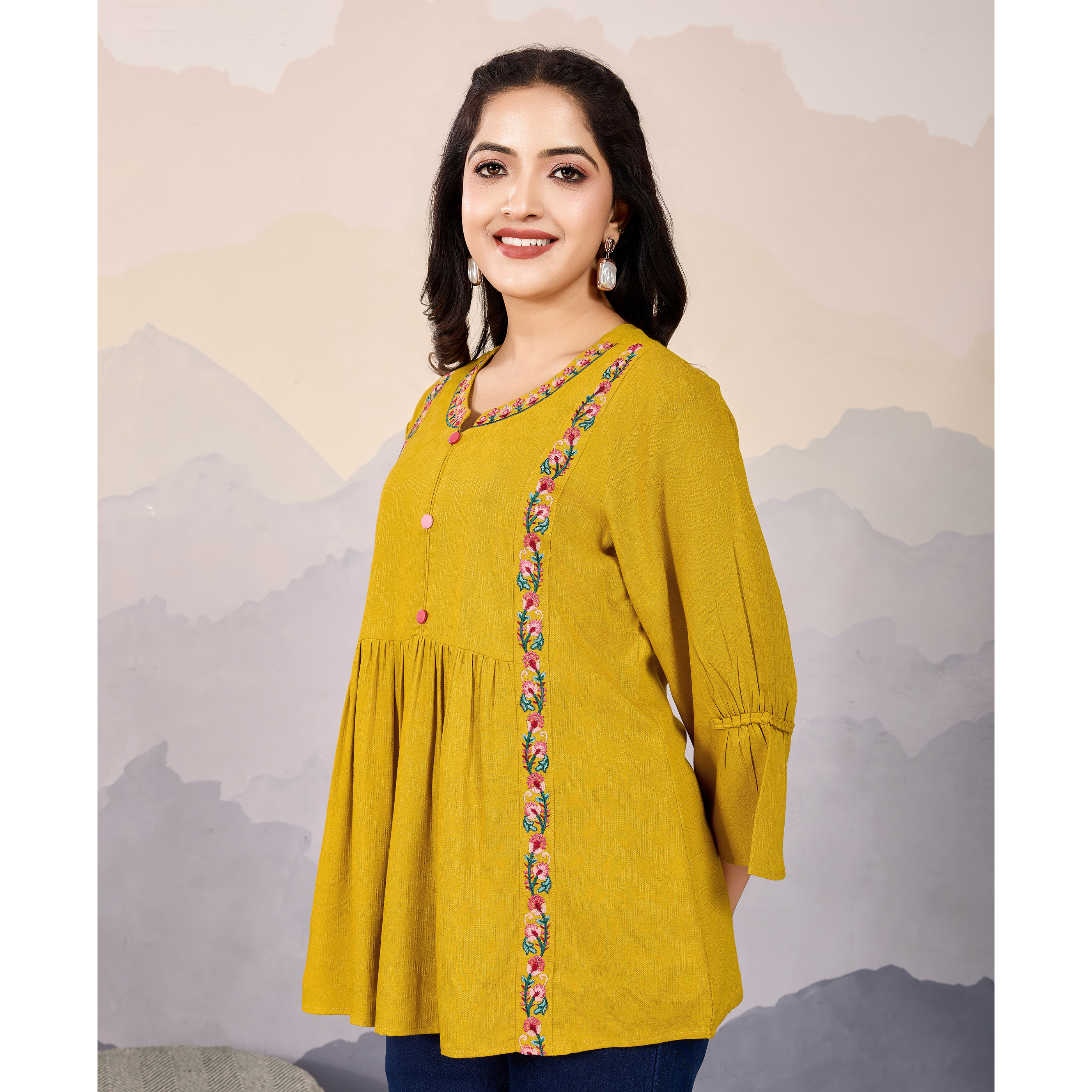 MOJILAA Women's Mustard Pure Viscose Floral Embroidered A-line Top (Size S, Color Mustard)