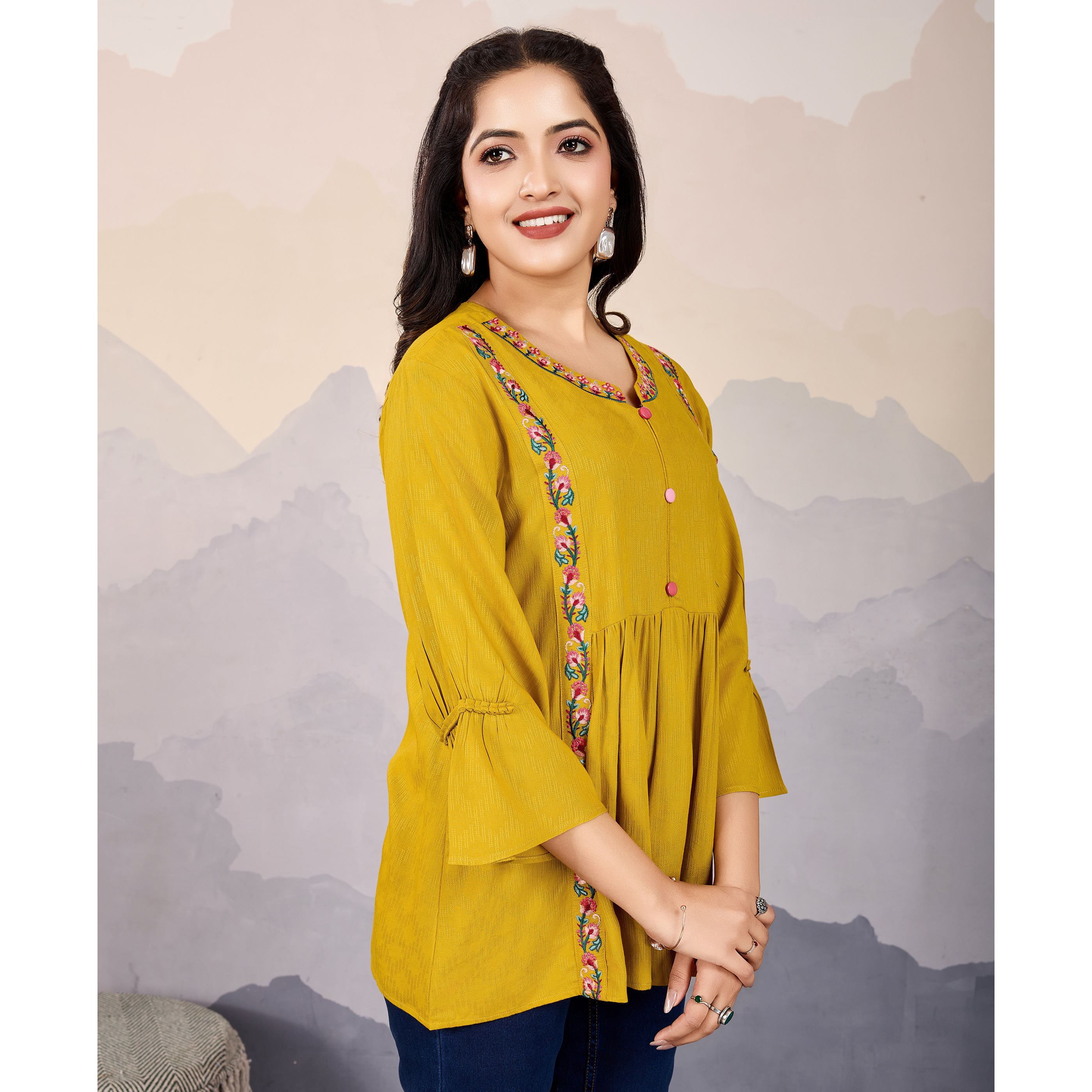 MOJILAA Women's Mustard Pure Viscose Floral Embroidered A-line Top (Size S, Color Mustard)