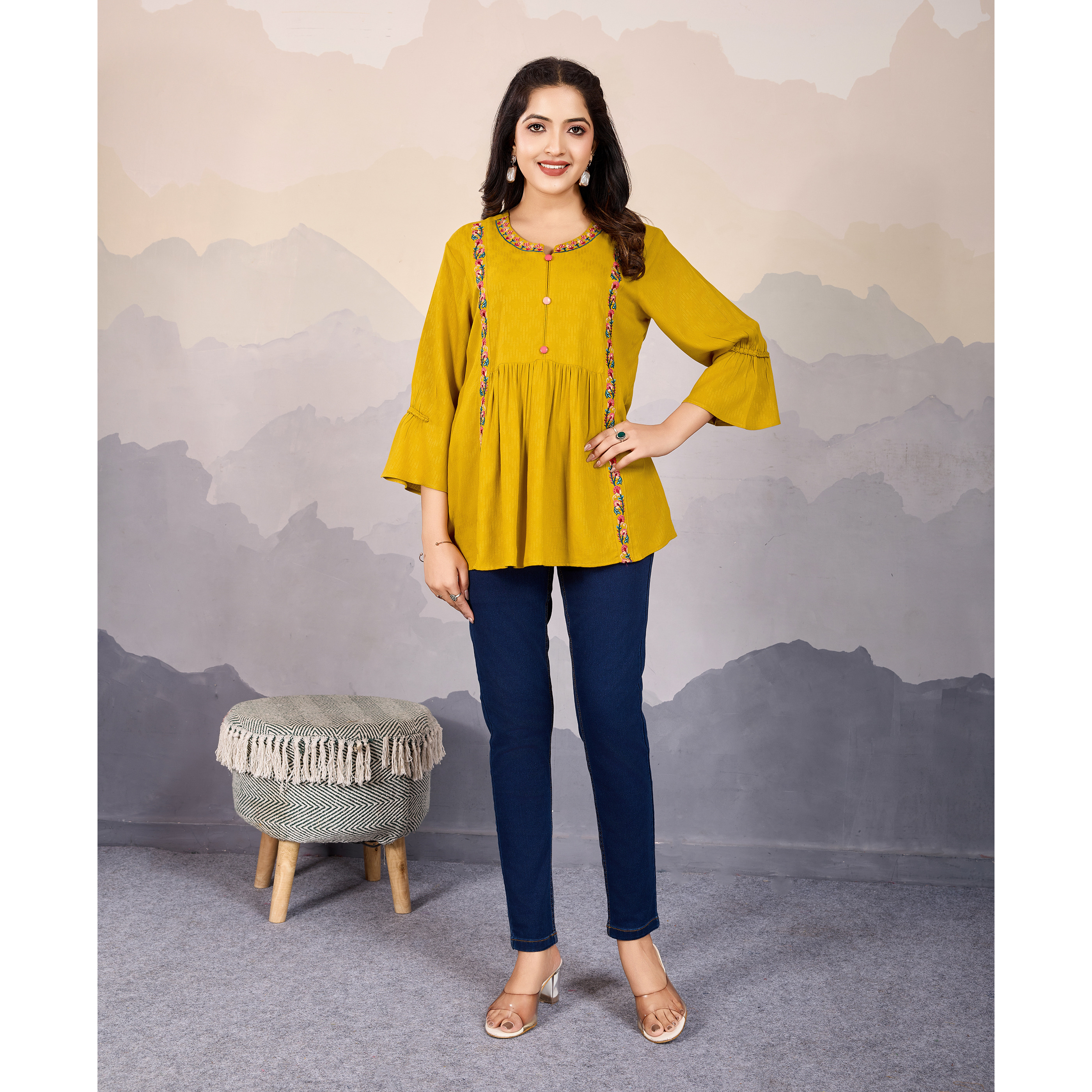 MOJILAA Women's Mustard Pure Viscose Floral Embroidered A-line Top (Size S, Color Mustard)