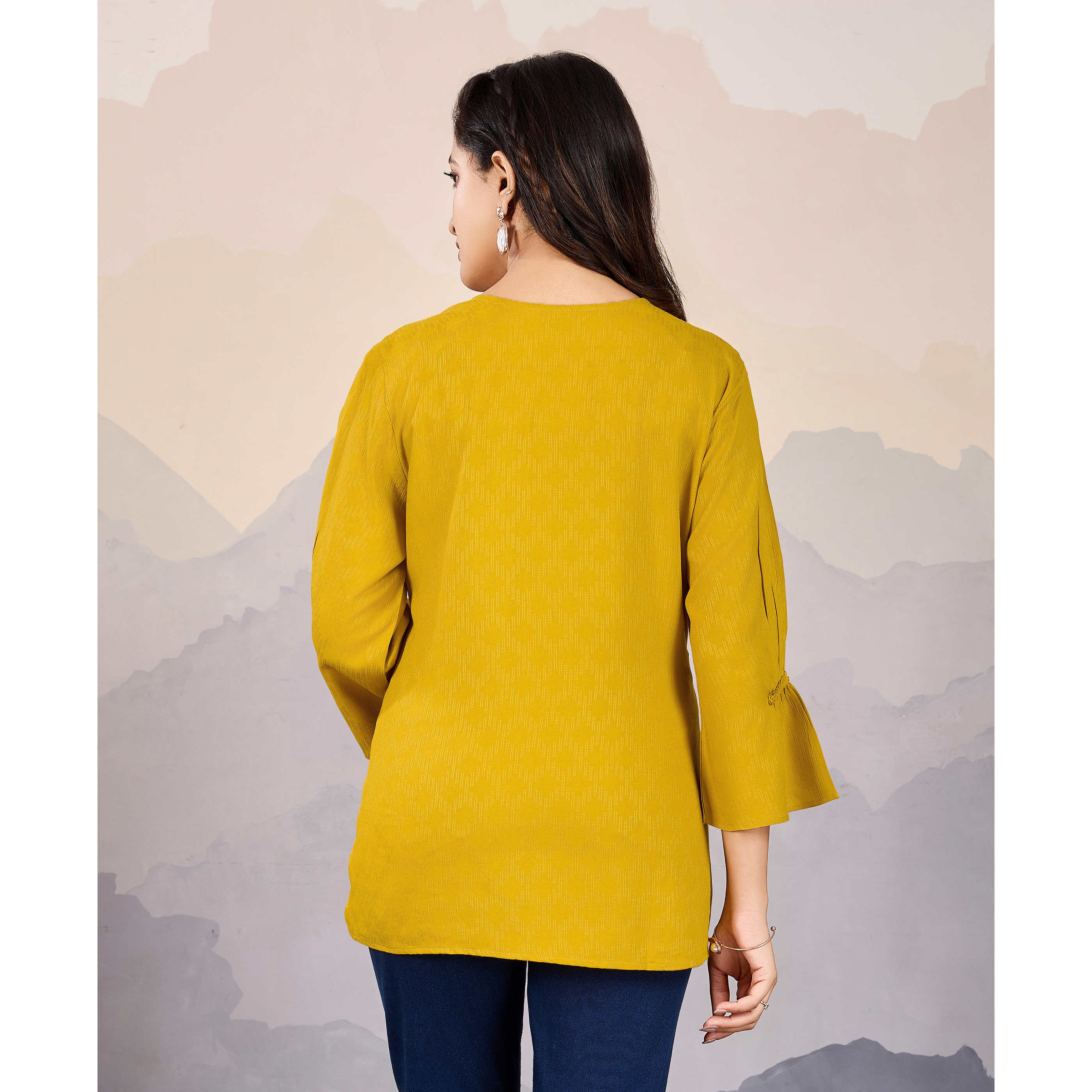 MOJILAA Women's Mustard Pure Viscose Floral Embroidered A-line Top (Size S, Color Mustard)