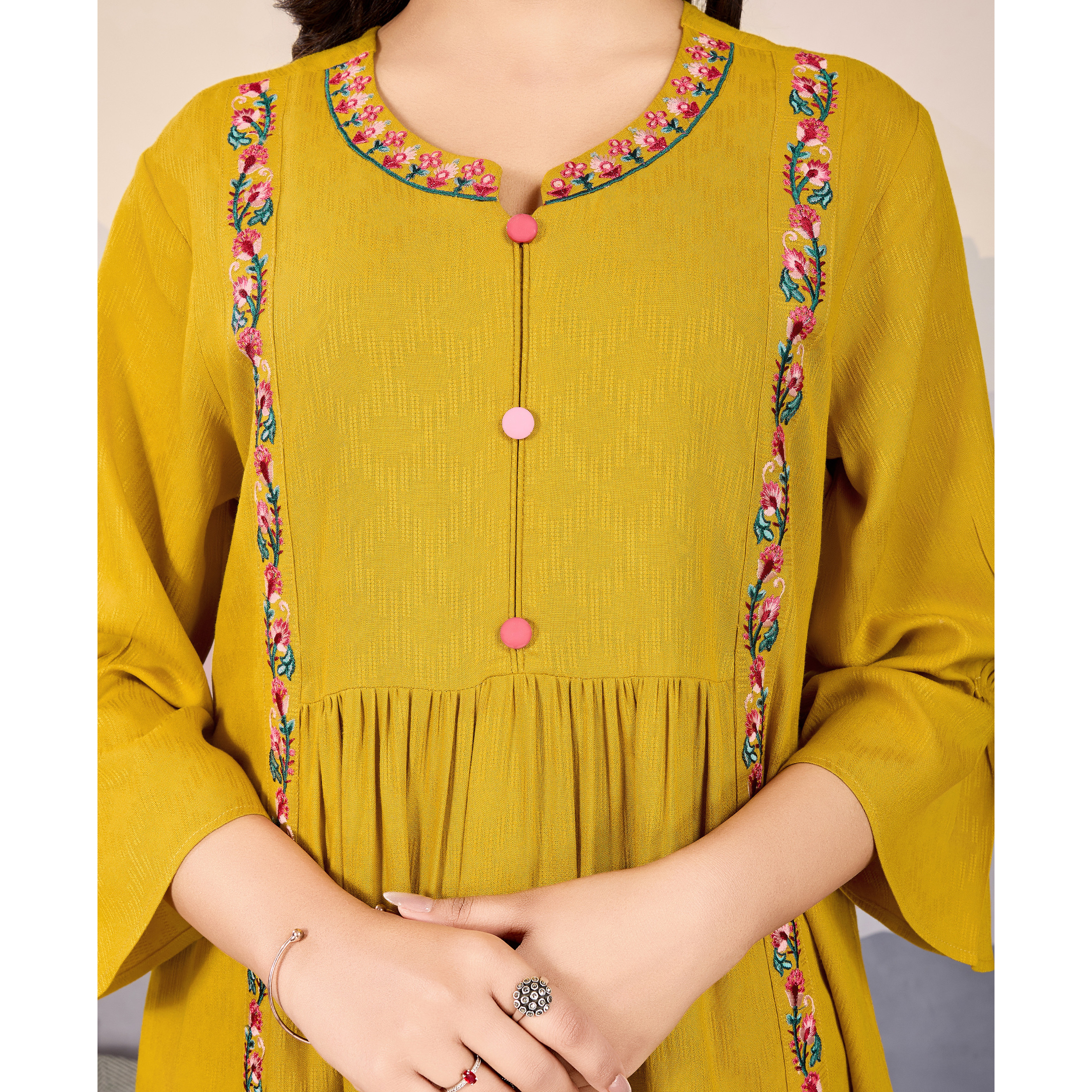 MOJILAA Women's Mustard Pure Viscose Floral Embroidered A-line Top (Size S, Color Mustard)