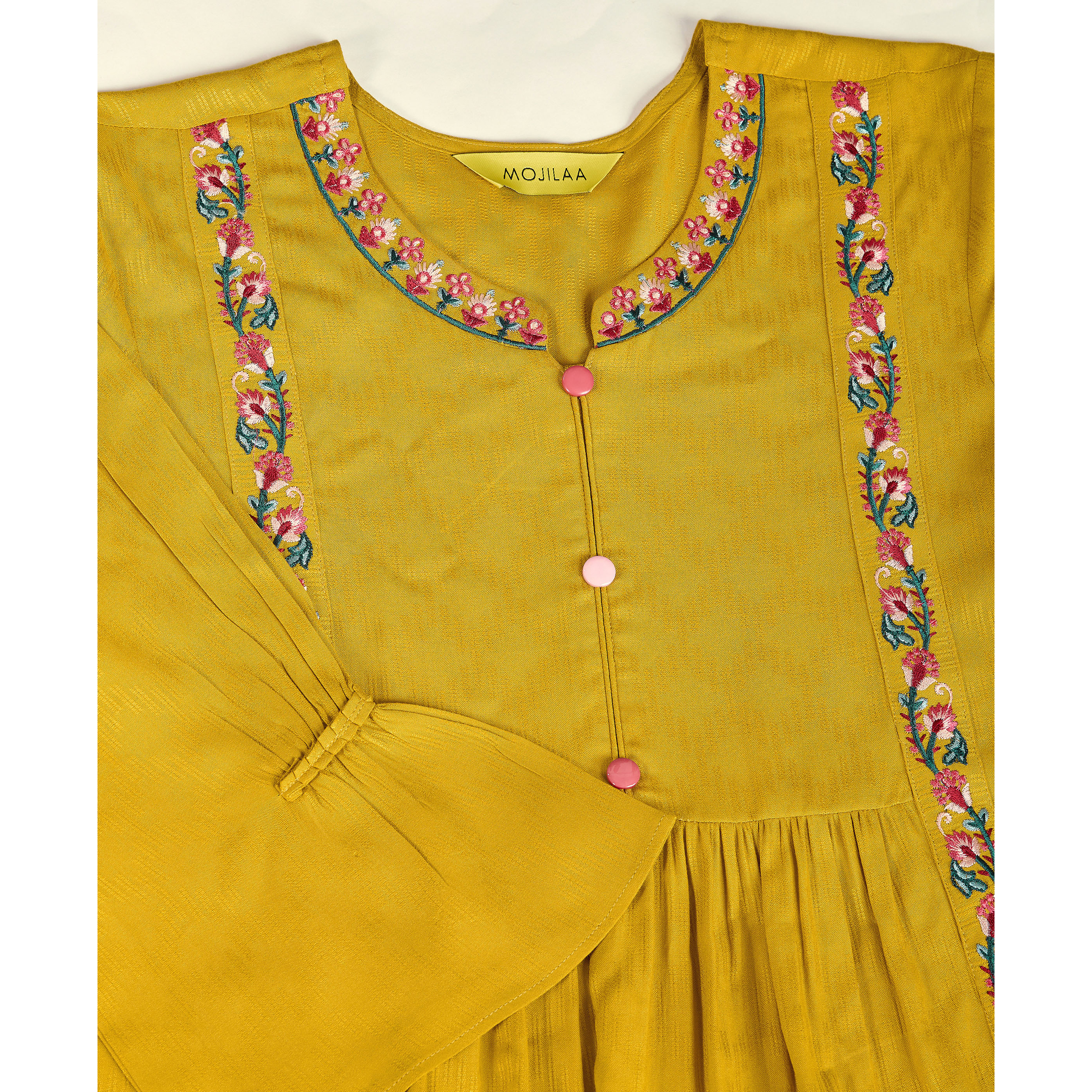 MOJILAA Women's Mustard Pure Viscose Floral Embroidered A-line Top (Size S, Color Mustard)