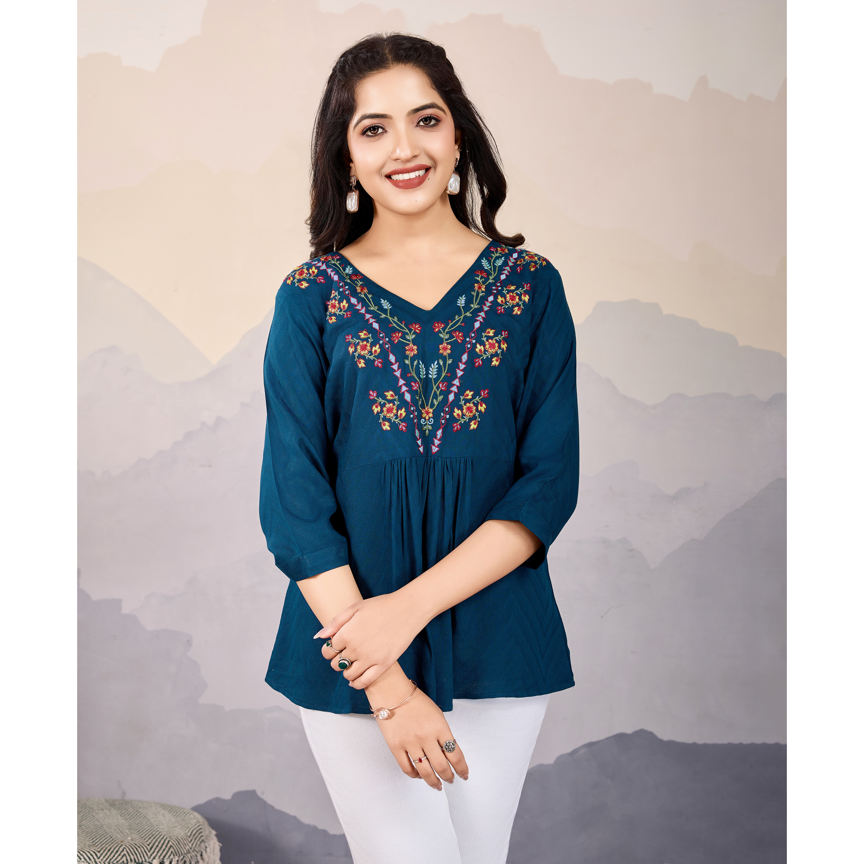 MOJILAA Women's Teal Pure Viscose Floral Embroidered A-line Top (Size S, Color Teal)