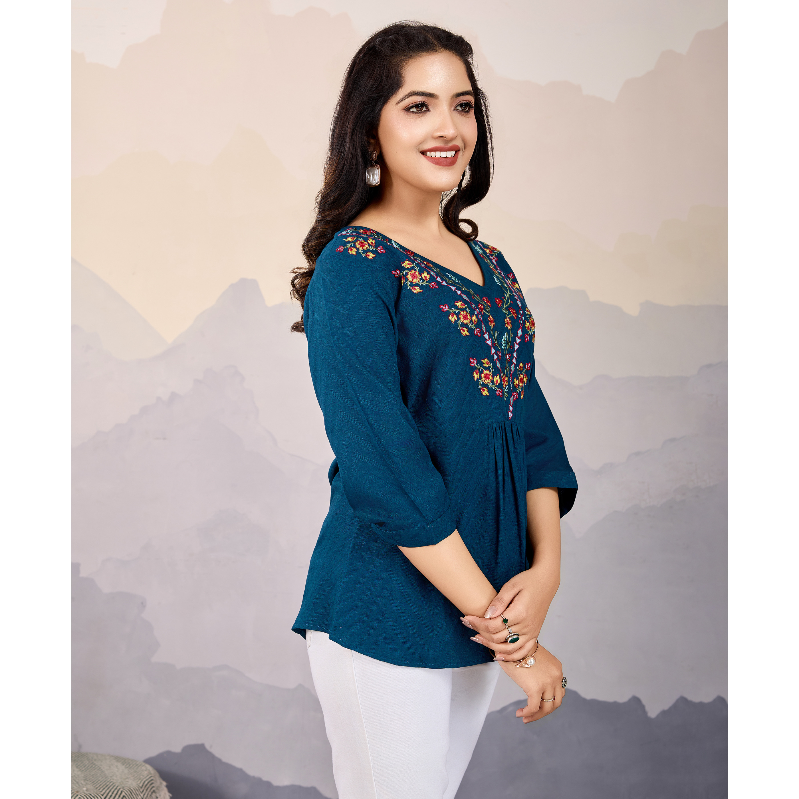 MOJILAA Women's Teal Pure Viscose Floral Embroidered A-line Top (Size S, Color Teal)