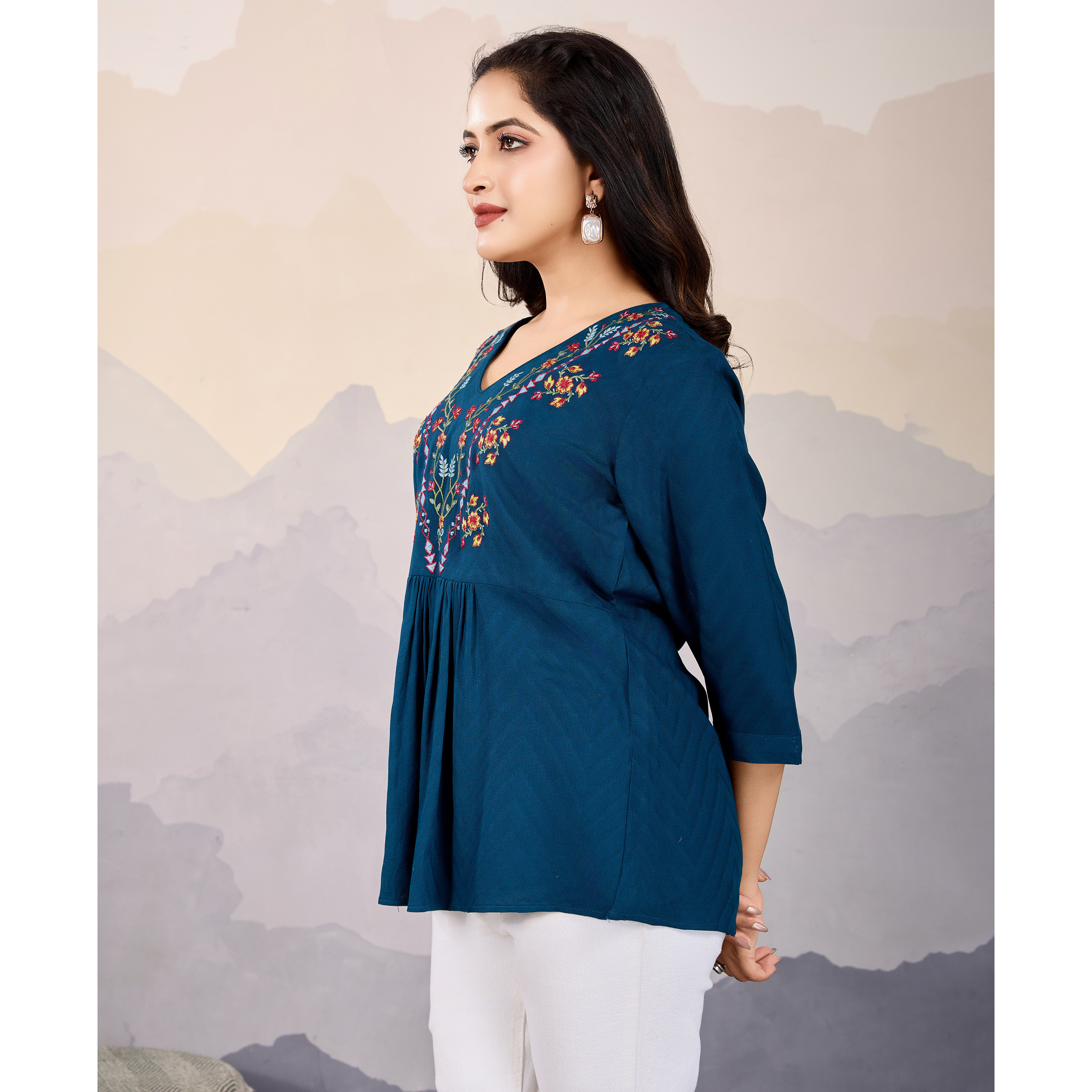MOJILAA Women's Teal Pure Viscose Floral Embroidered A-line Top (Size S, Color Teal)
