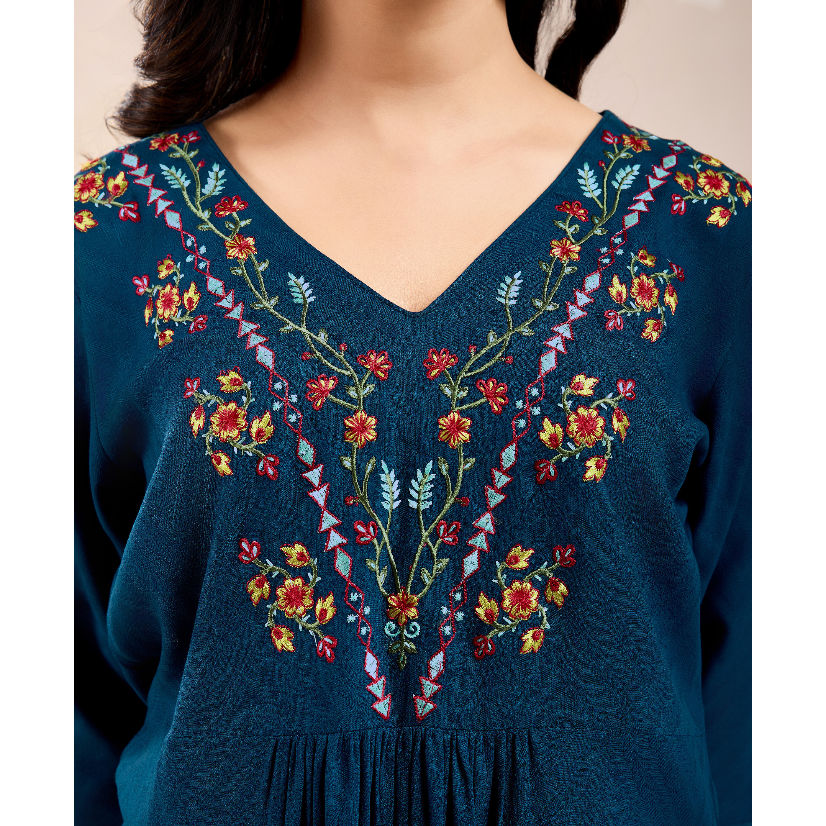 MOJILAA Women's Teal Pure Viscose Floral Embroidered A-line Top (Size S, Color Teal)