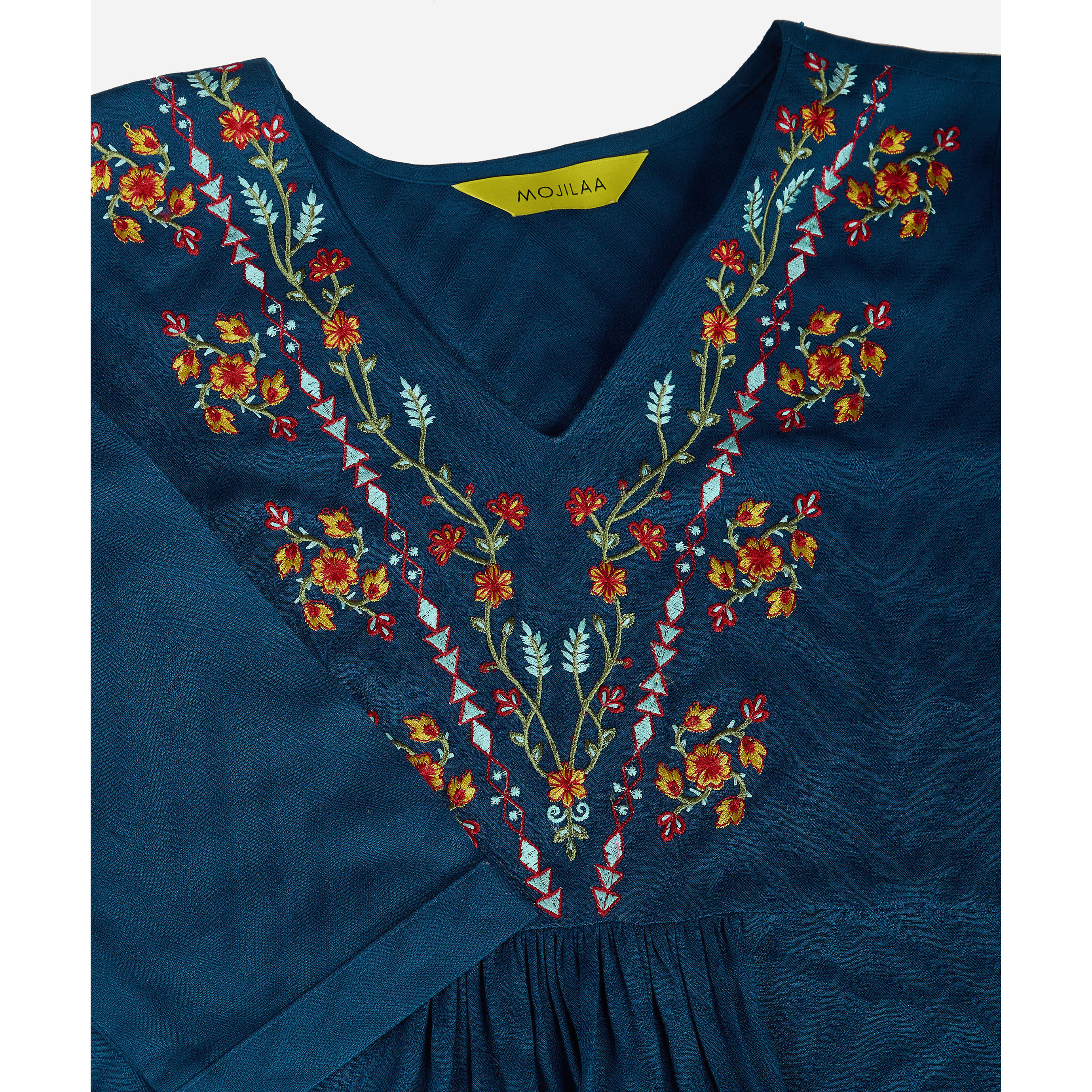 MOJILAA Women's Teal Pure Viscose Floral Embroidered A-line Top (Size S, Color Teal)