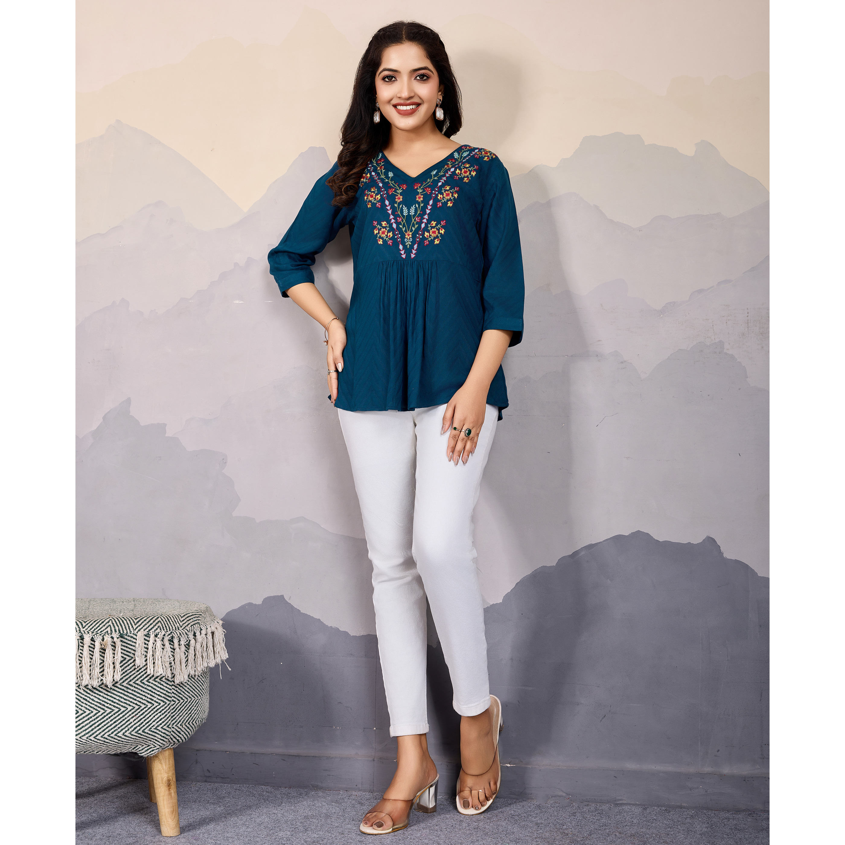 MOJILAA Women's Teal Pure Viscose Floral Embroidered A-line Top (Size S, Color Teal)