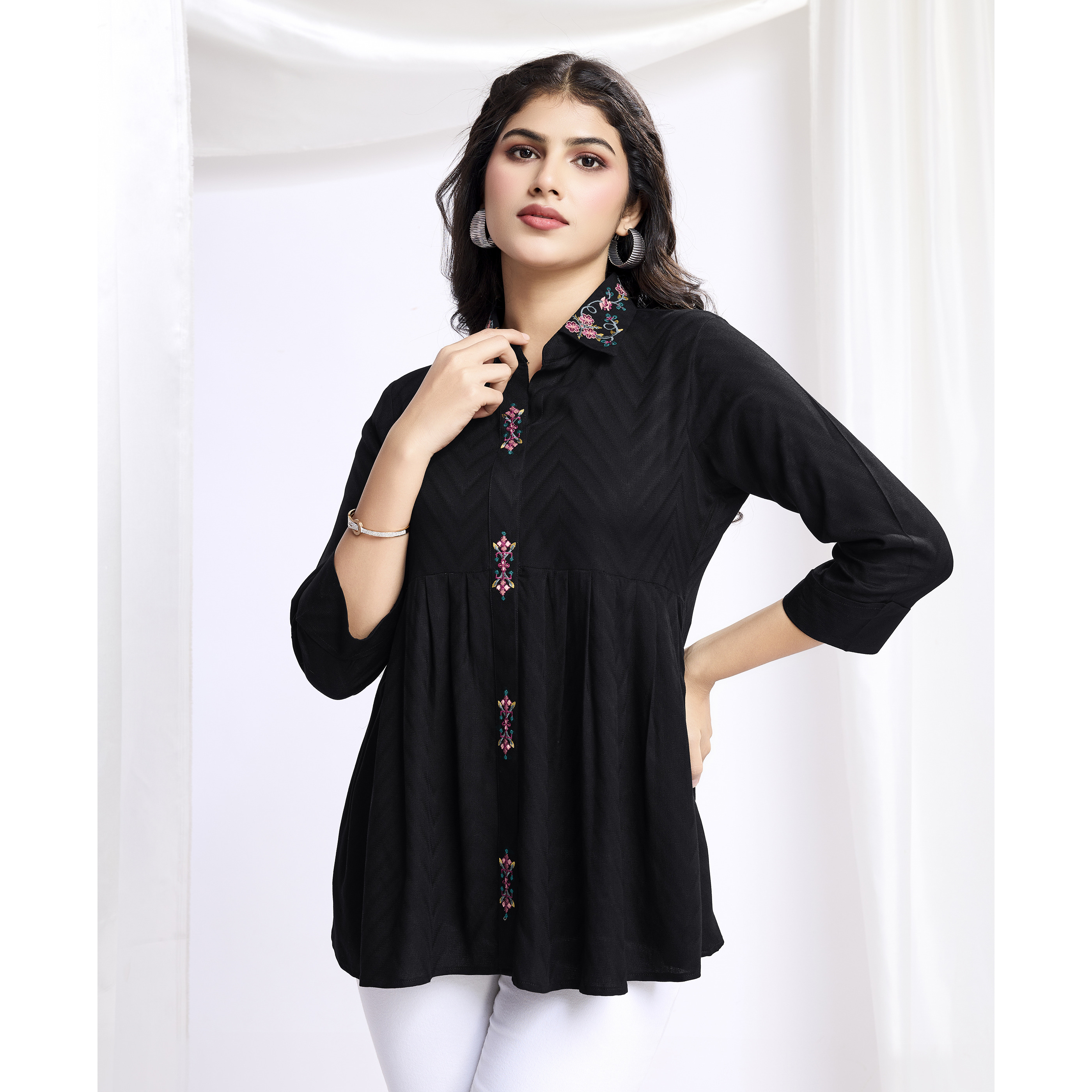 MOJILAA Women's Black Pure Viscose Floral Embroidered Shirt Style Top