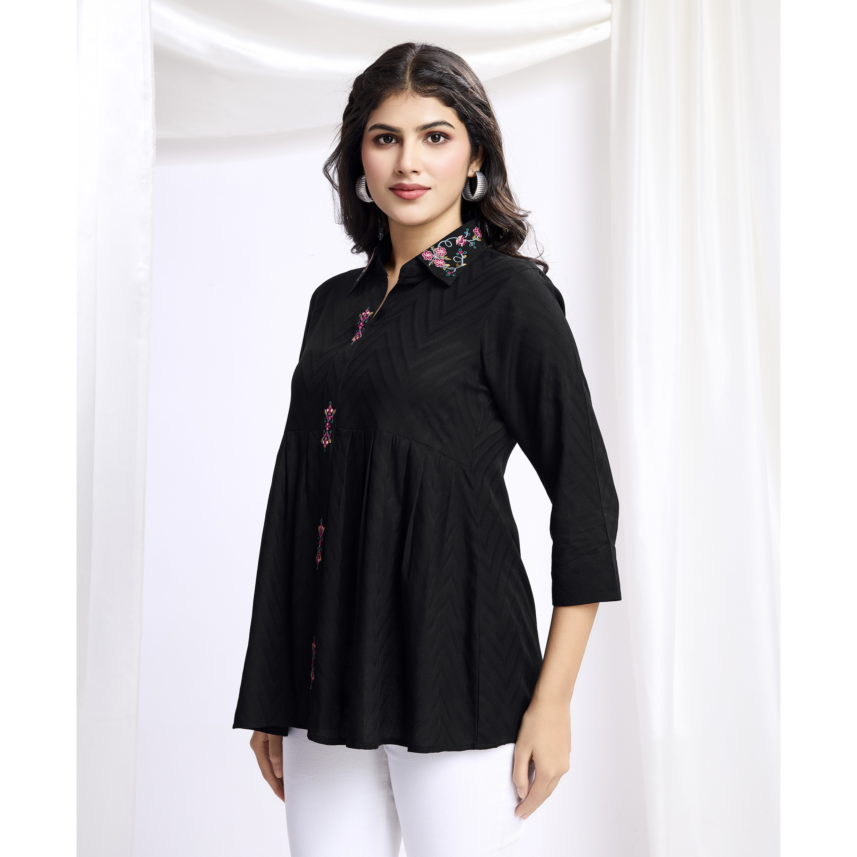 MOJILAA Women's Black Pure Viscose Floral Embroidered Shirt Style Top (Size S, Color Black)