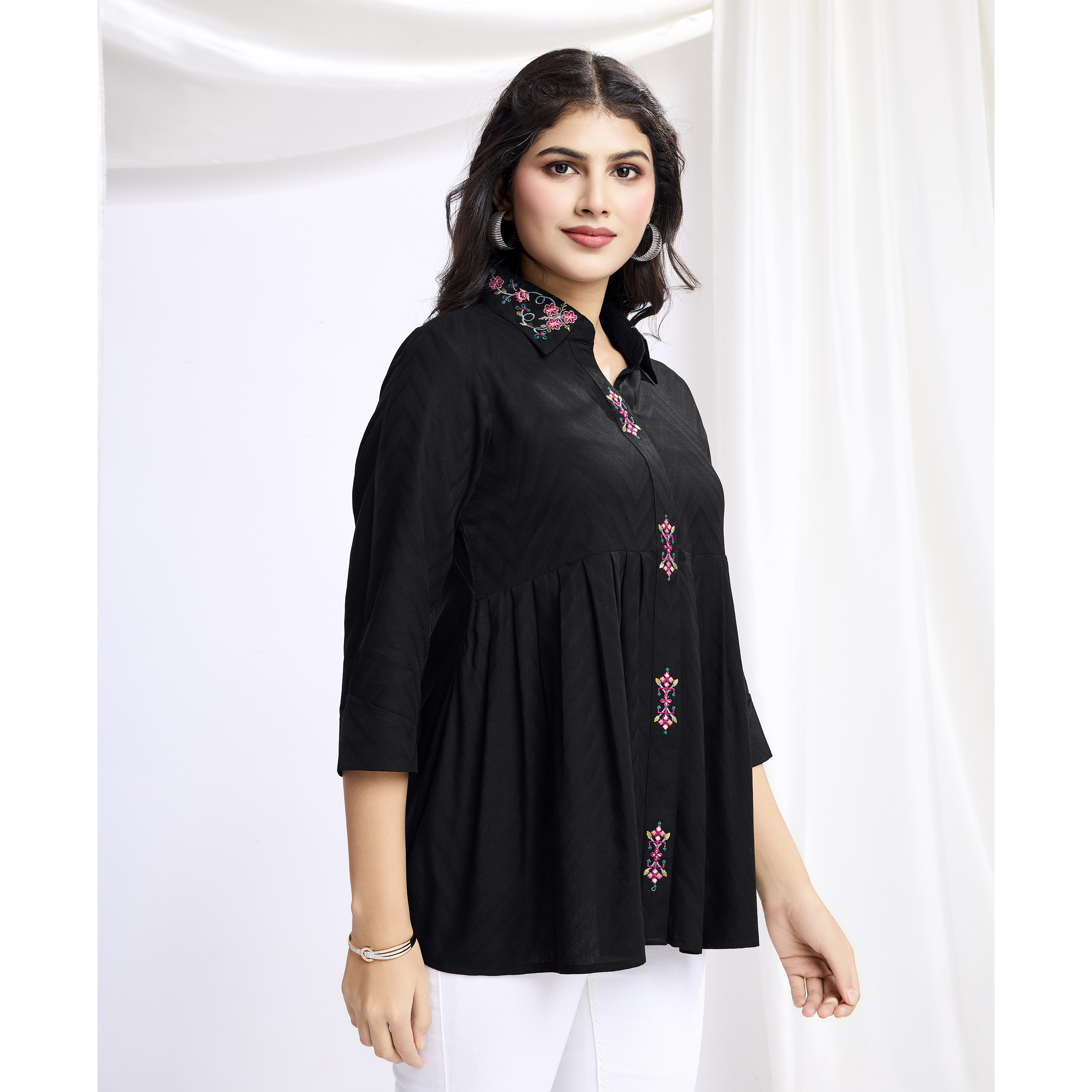 MOJILAA Women's Black Pure Viscose Floral Embroidered Shirt Style Top (Size S, Color Black)