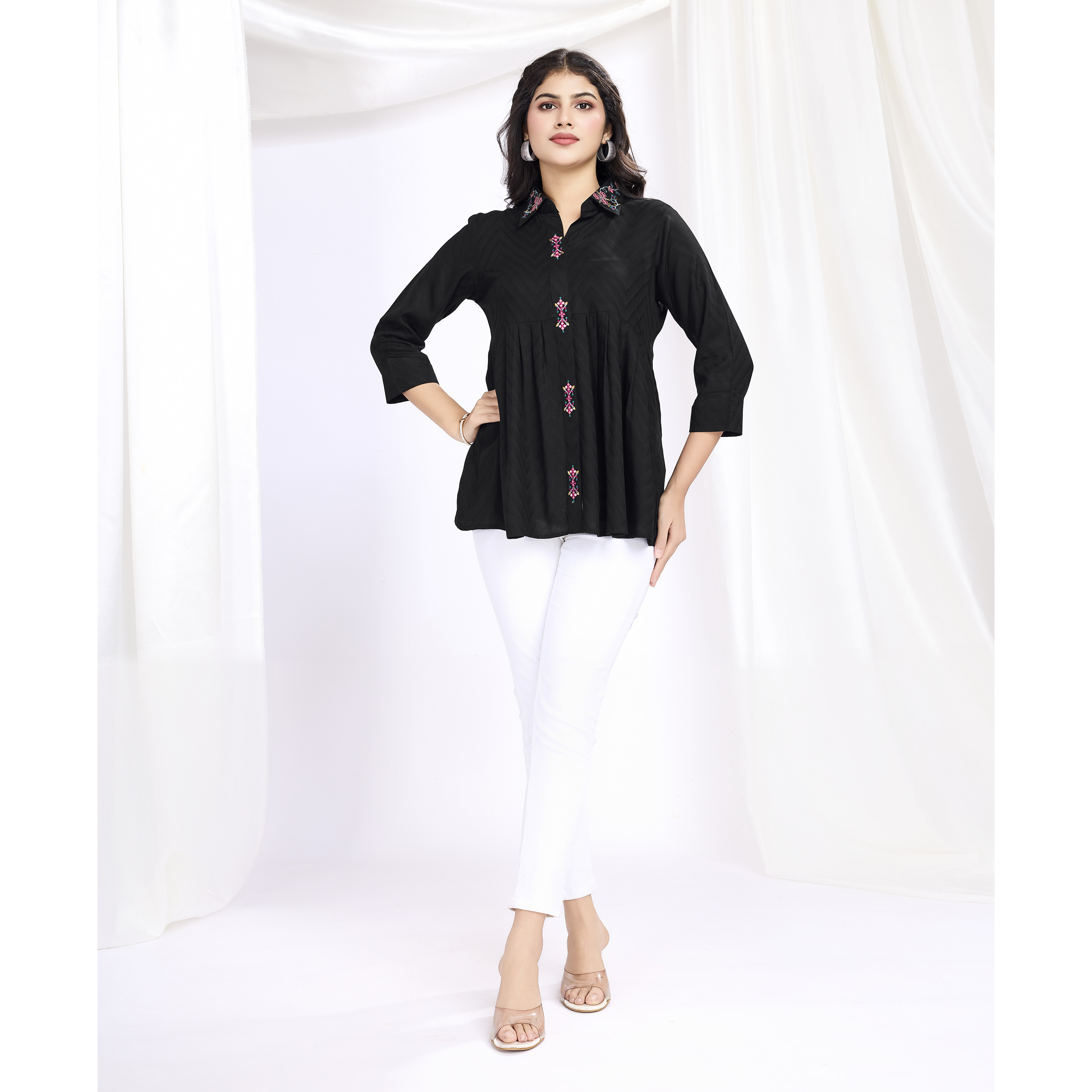 MOJILAA Women's Black Pure Viscose Floral Embroidered Shirt Style Top (Size S, Color Black)