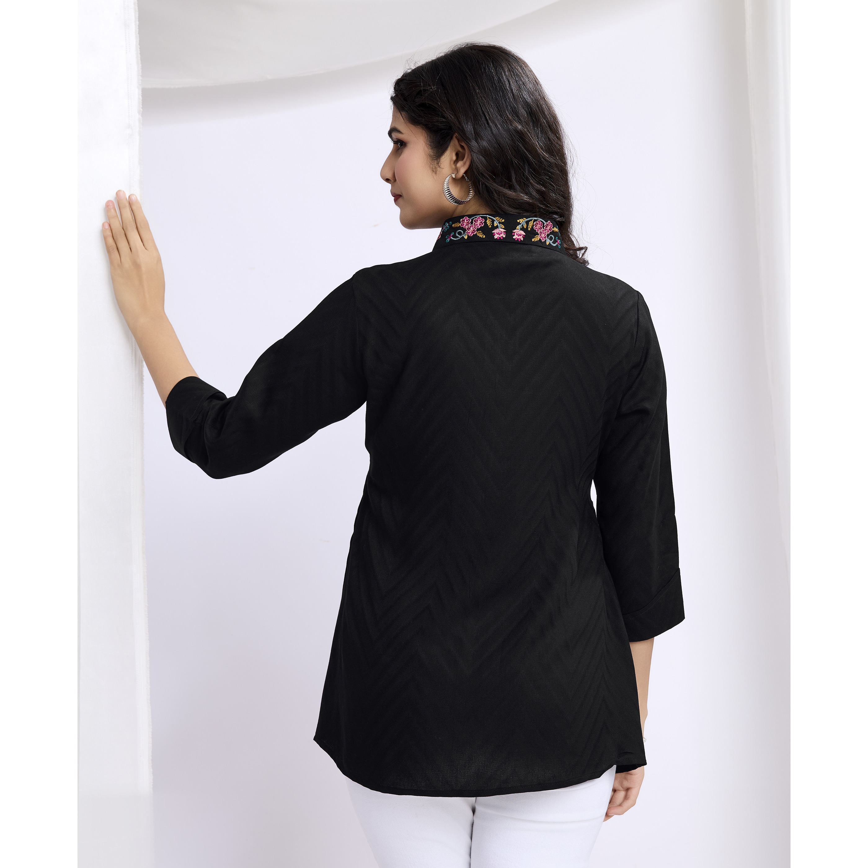 MOJILAA Women's Black Pure Viscose Floral Embroidered Shirt Style Top (Size S, Color Black)