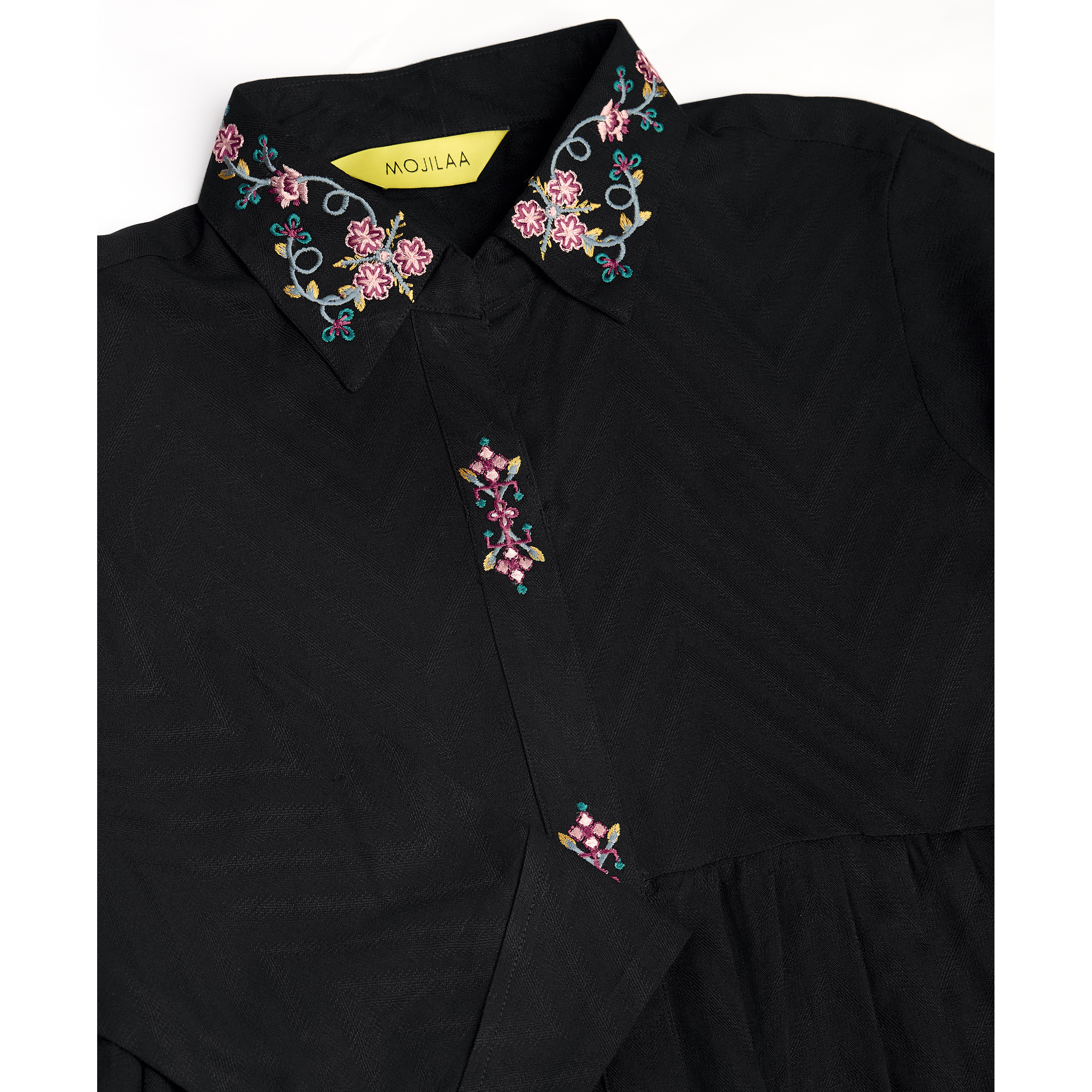 MOJILAA Women's Black Pure Viscose Floral Embroidered Shirt Style Top (Size S, Color Black)