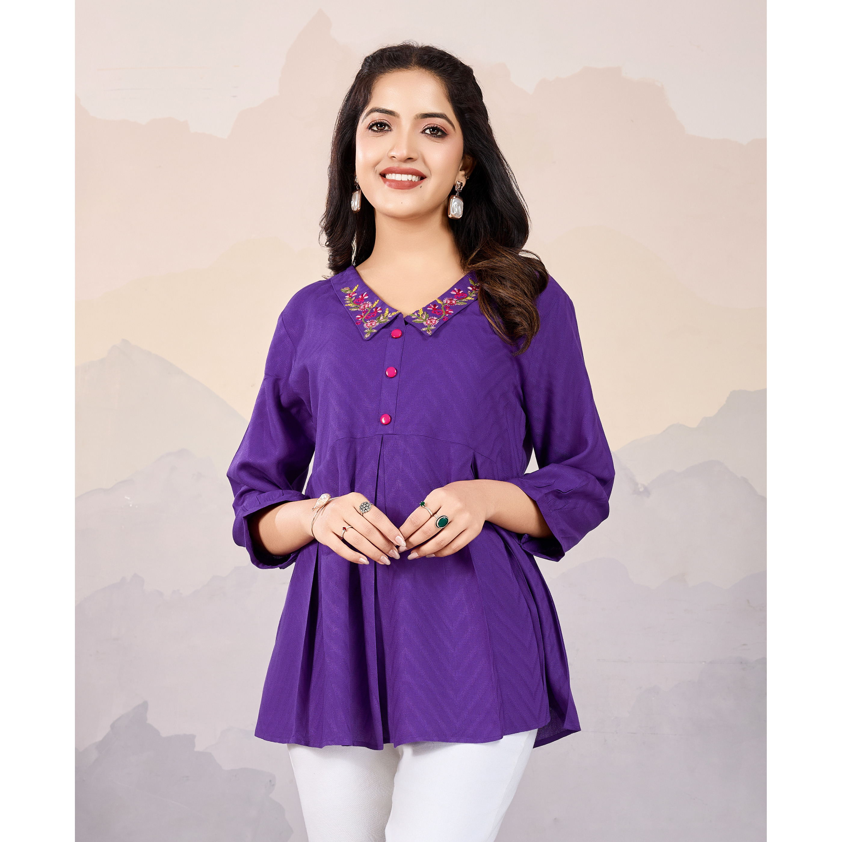 MOJILAA Women's Purple Pure Viscose Floral Embroidered Peplum Top (Size S, Color Purple)