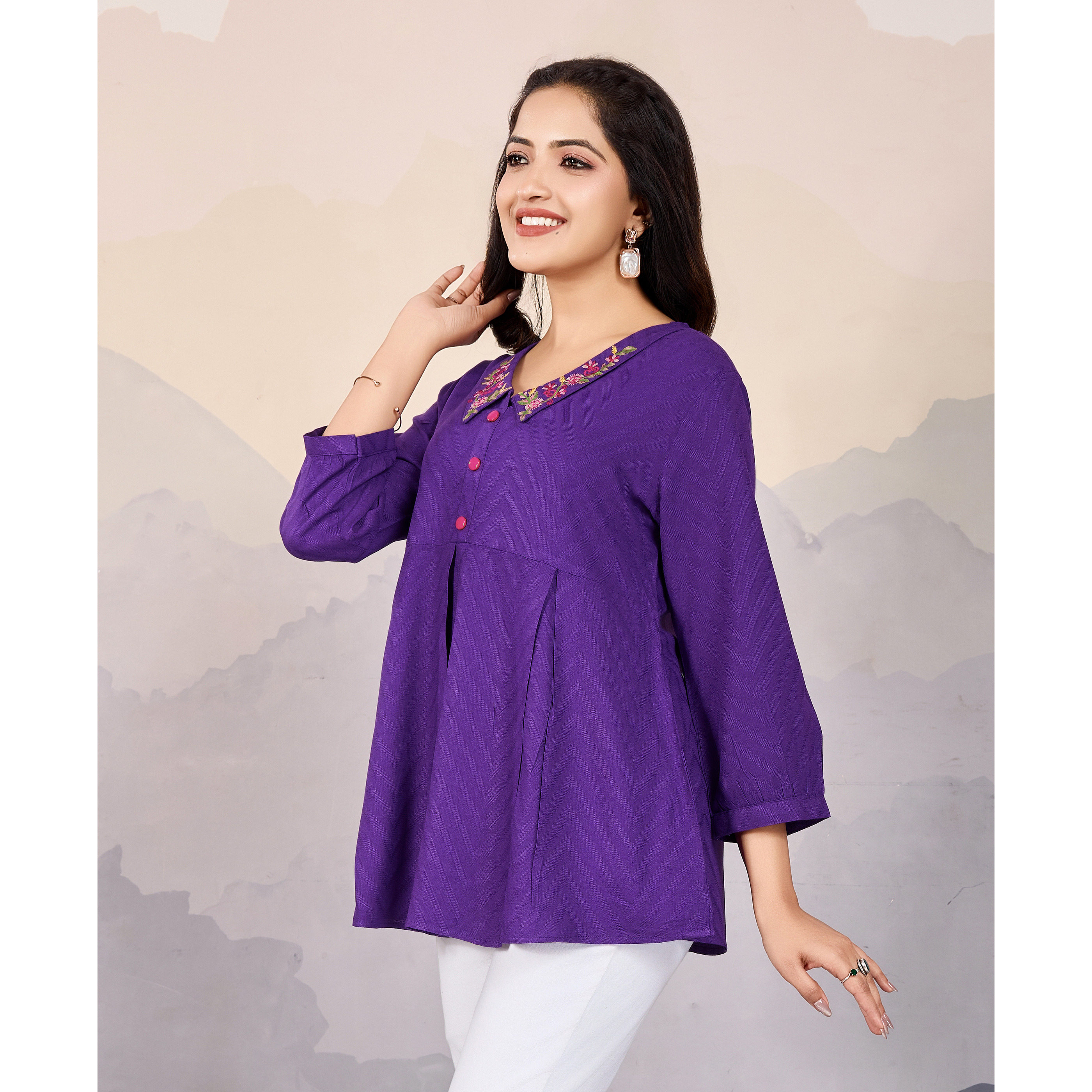 MOJILAA Women's Purple Pure Viscose Floral Embroidered Peplum Top (Size S, Color Purple)