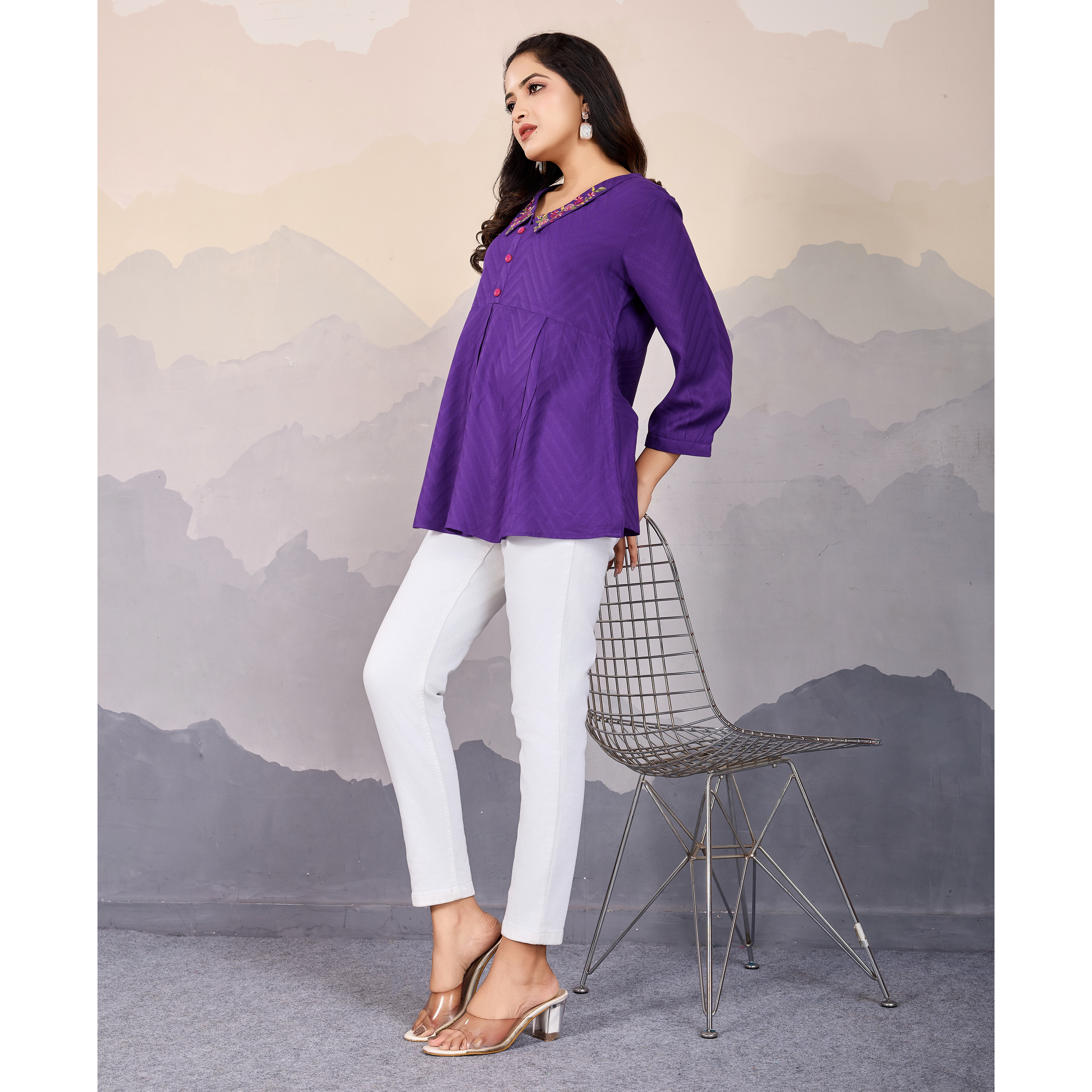 MOJILAA Women's Purple Pure Viscose Floral Embroidered Peplum Top (Size S, Color Purple)