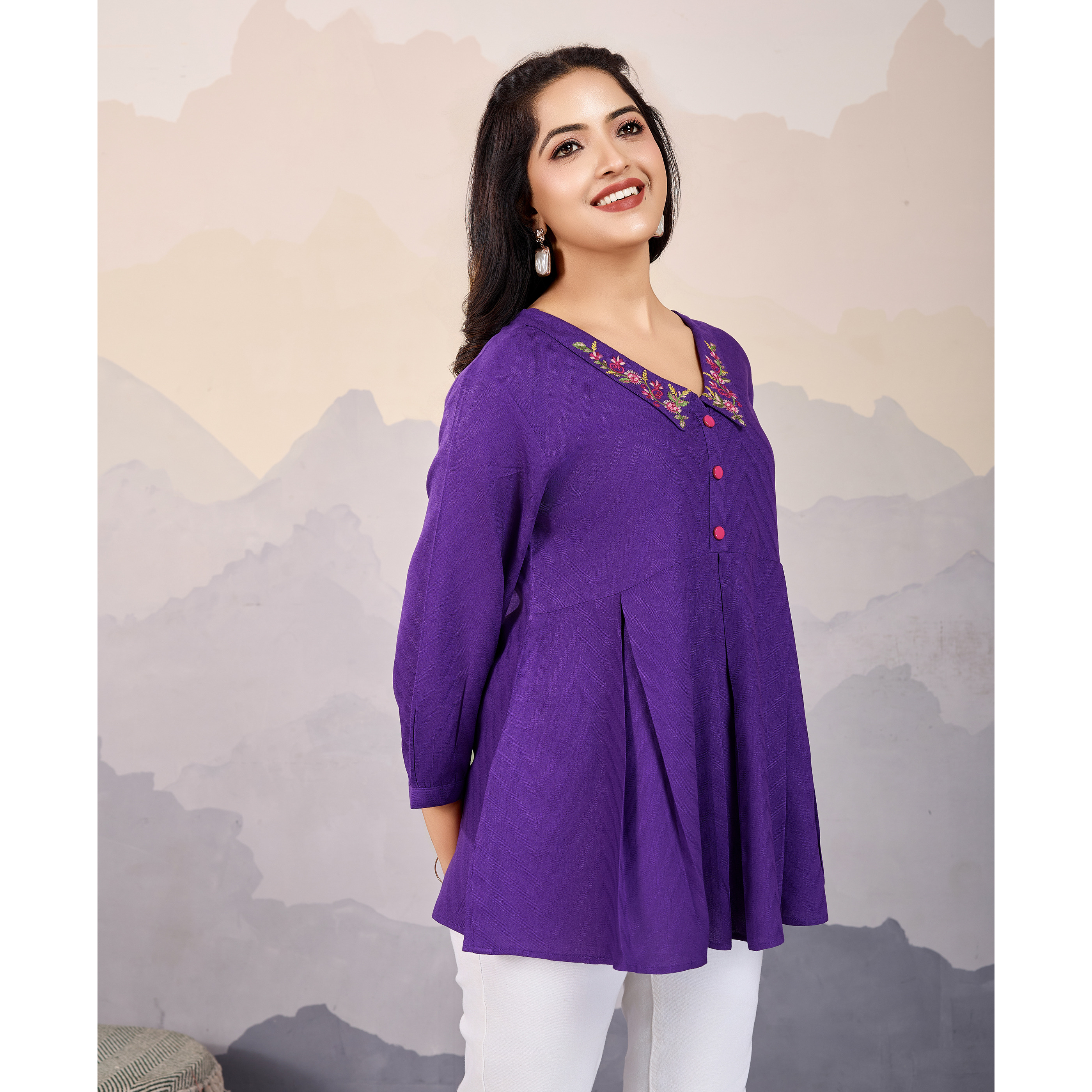 MOJILAA Women's Purple Pure Viscose Floral Embroidered Peplum Top (Size S, Color Purple)