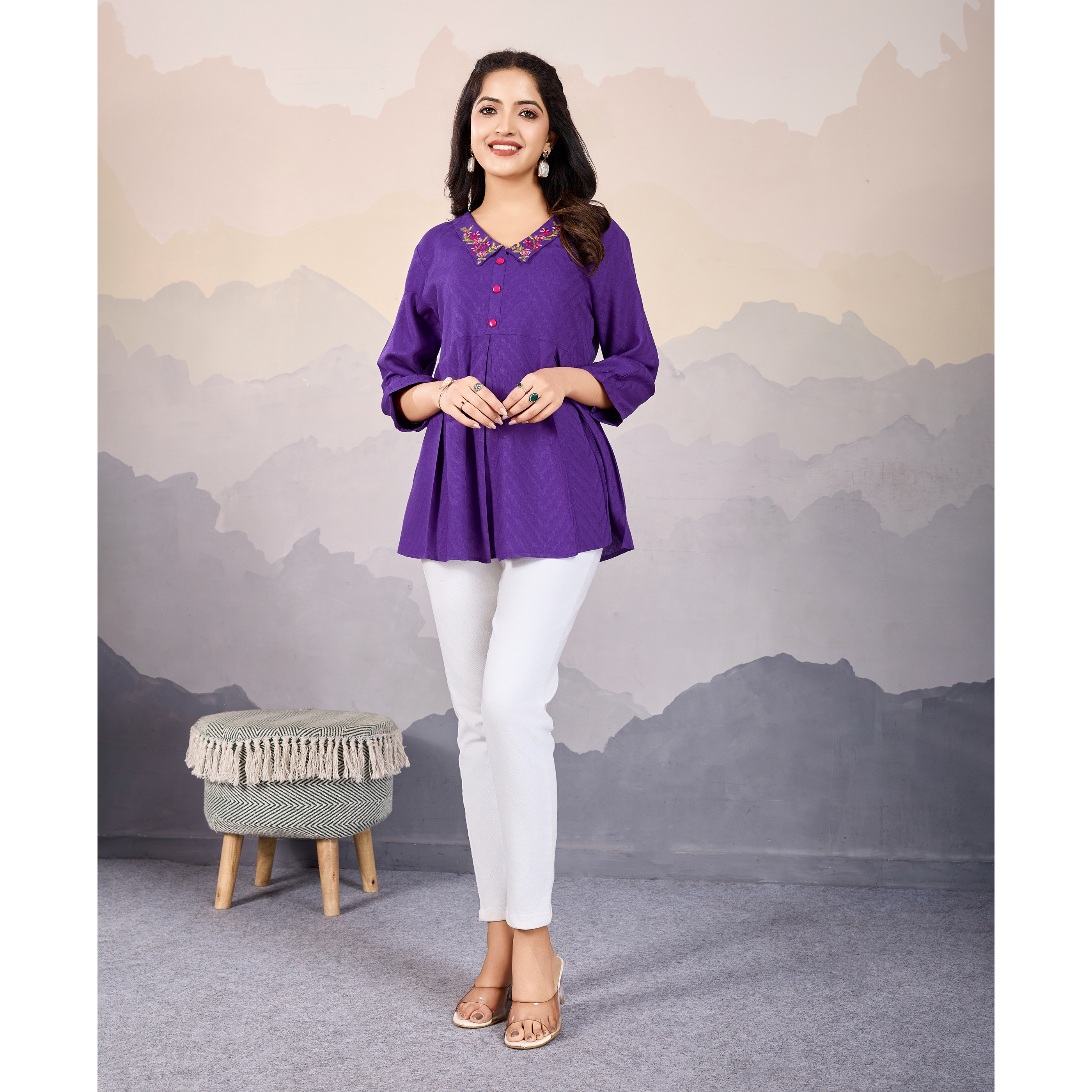 MOJILAA Women's Purple Pure Viscose Floral Embroidered Peplum Top (Size S, Color Purple)