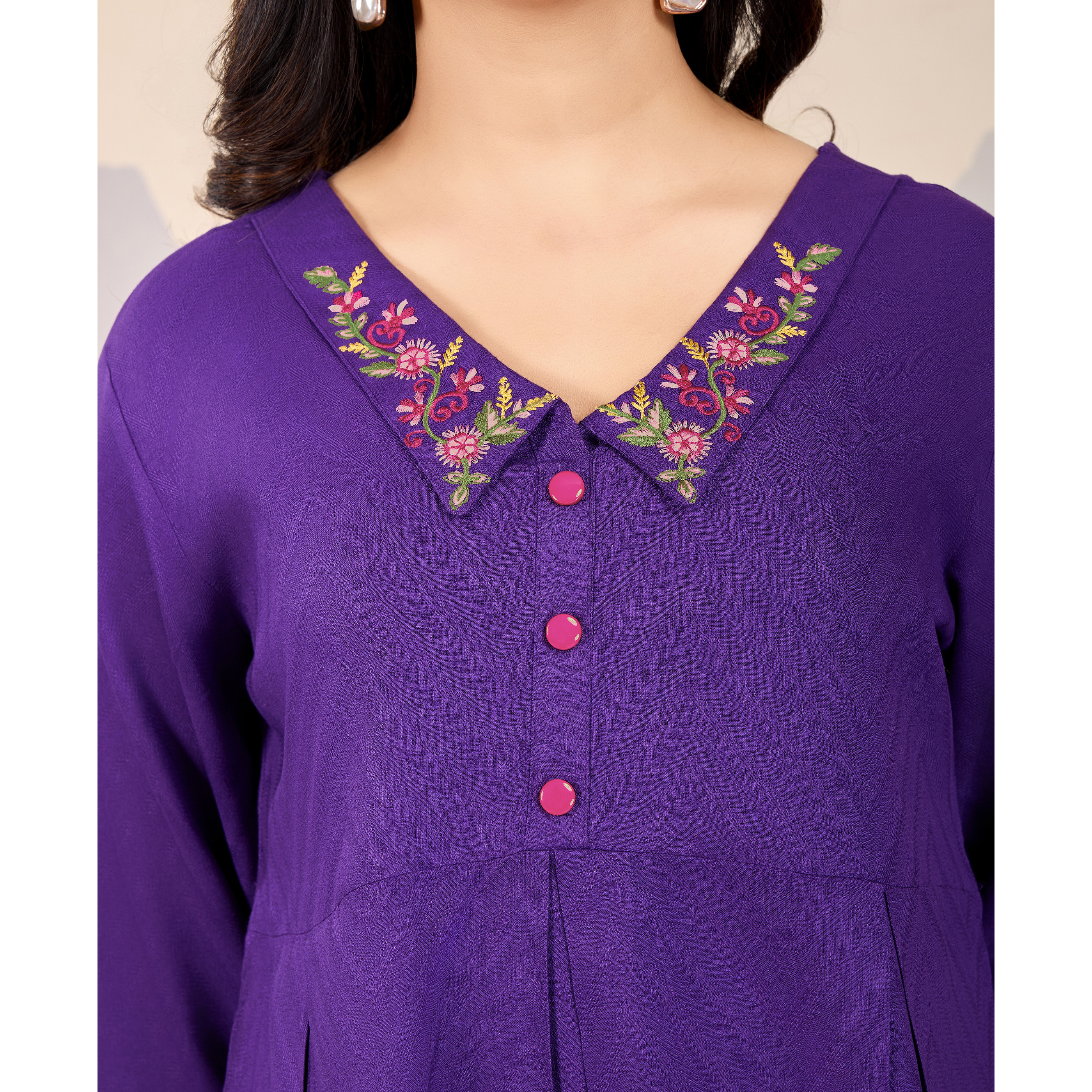 MOJILAA Women's Purple Pure Viscose Floral Embroidered Peplum Top (Size S, Color Purple)