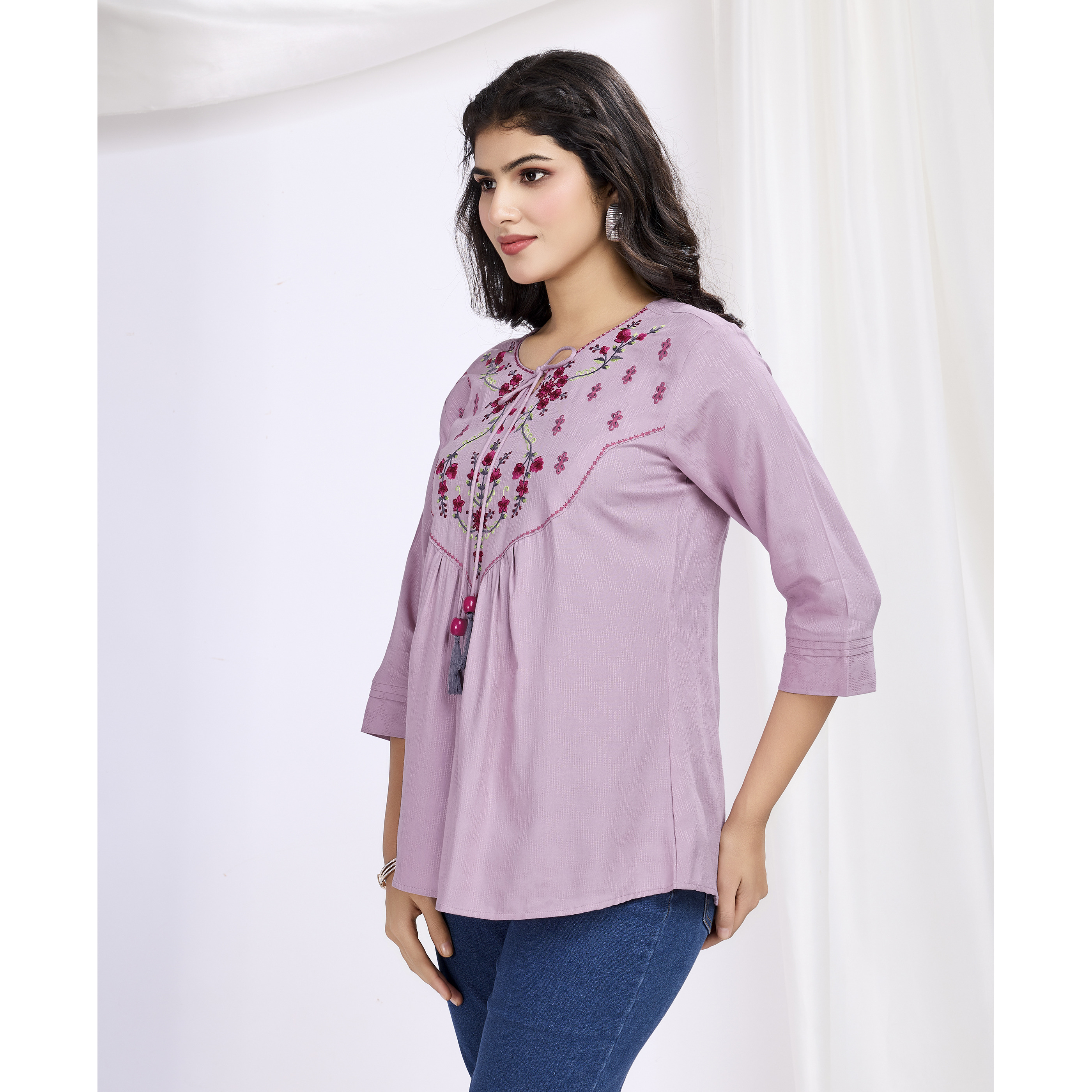 MOJILAA Women's Mauve Pure Viscose Floral Embroidered A-line Top (Size S, Color Mauve)