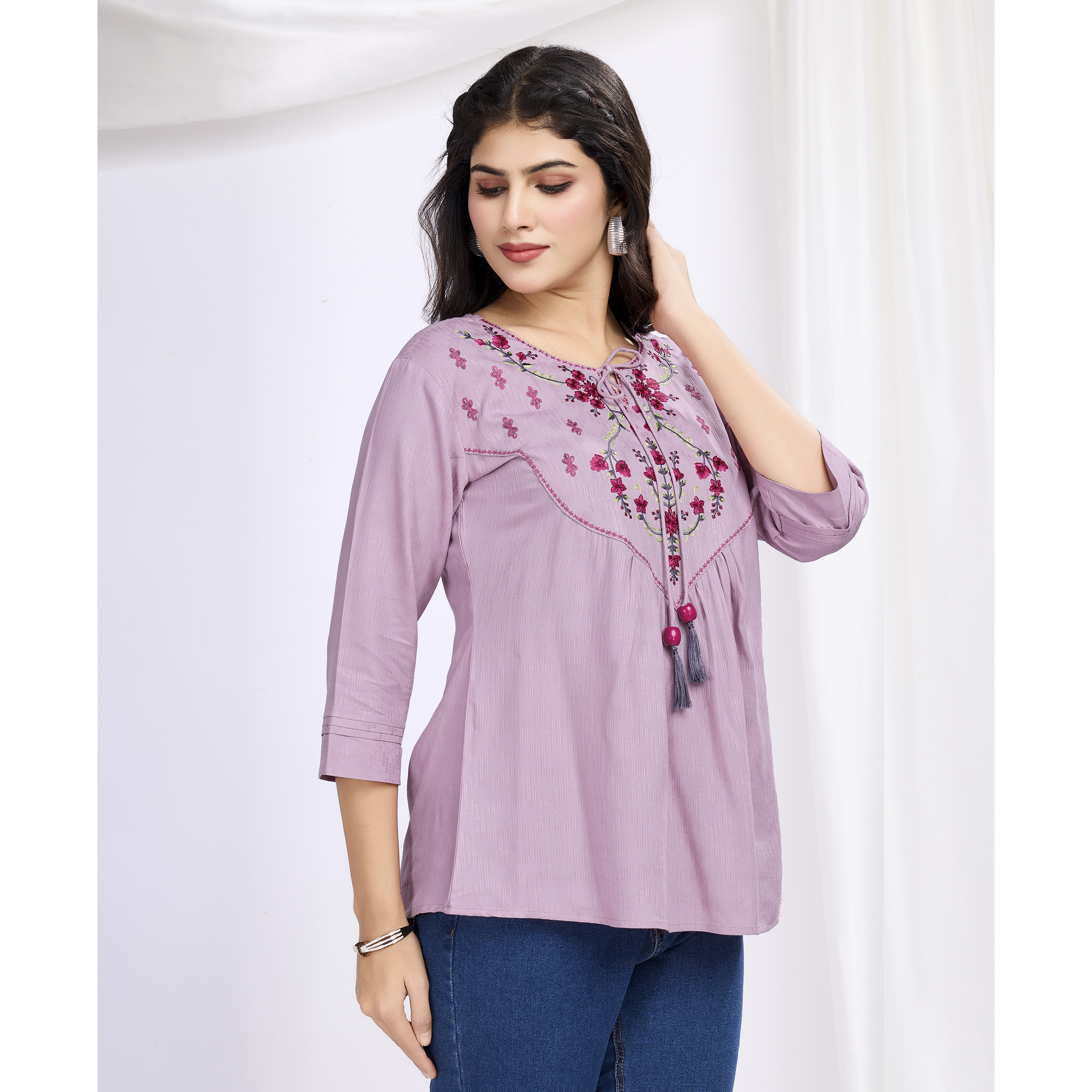 MOJILAA Women's Mauve Pure Viscose Floral Embroidered A-line Top (Size S, Color Mauve)