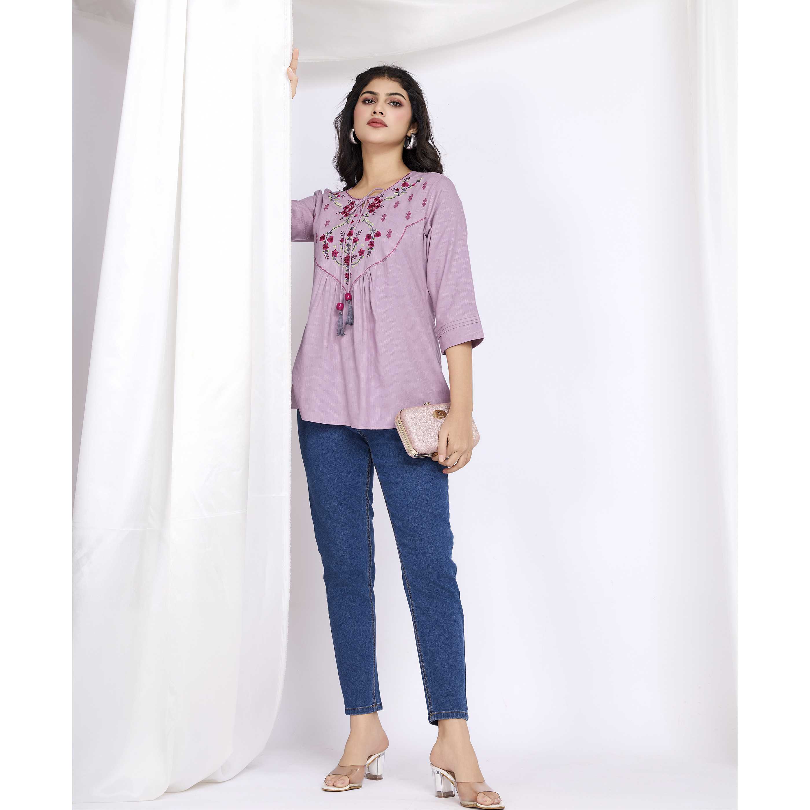 MOJILAA Women's Mauve Pure Viscose Floral Embroidered A-line Top (Size S, Color Mauve)