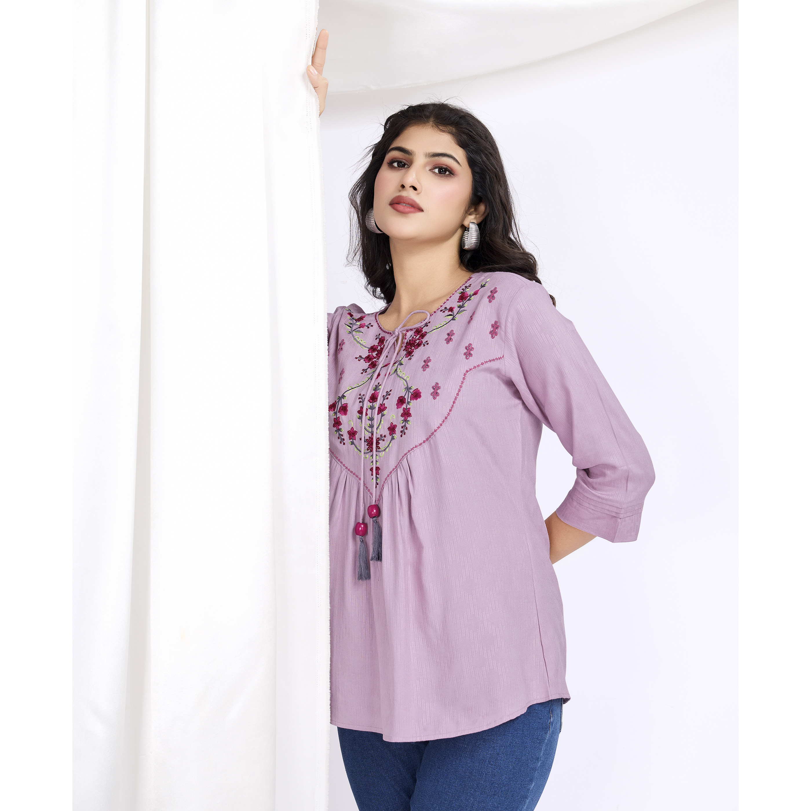 MOJILAA Women's Mauve Pure Viscose Floral Embroidered A-line Top (Size S, Color Mauve)