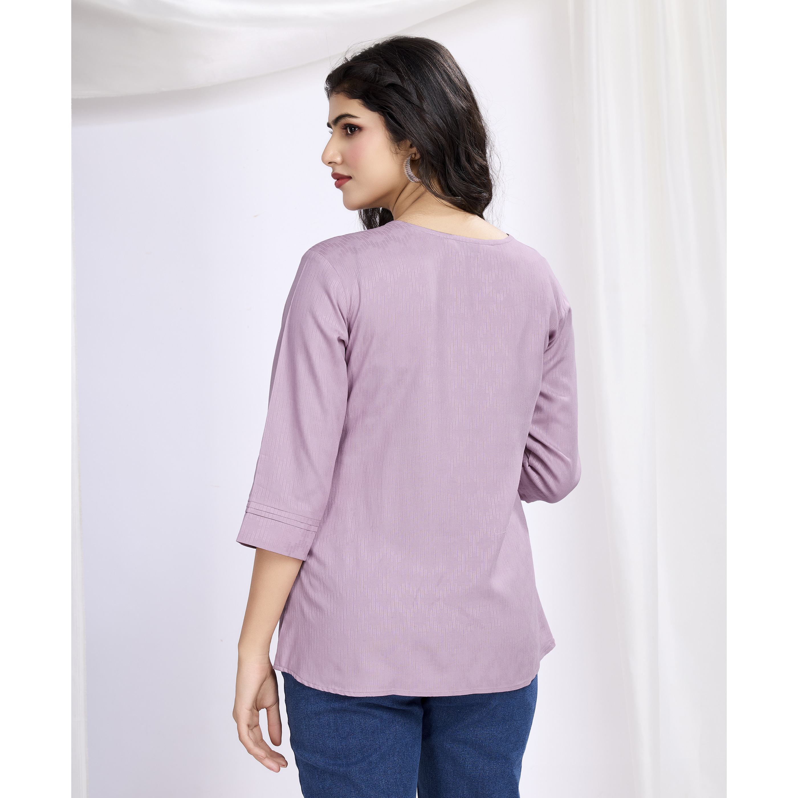 MOJILAA Women's Mauve Pure Viscose Floral Embroidered A-line Top (Size S, Color Mauve)
