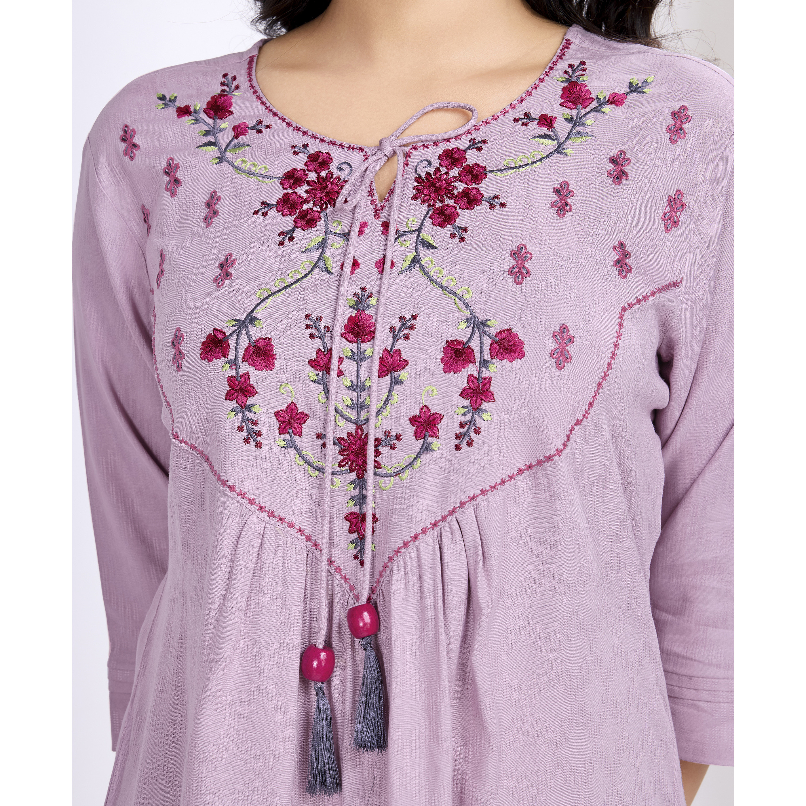 MOJILAA Women's Mauve Pure Viscose Floral Embroidered A-line Top (Size S, Color Mauve)