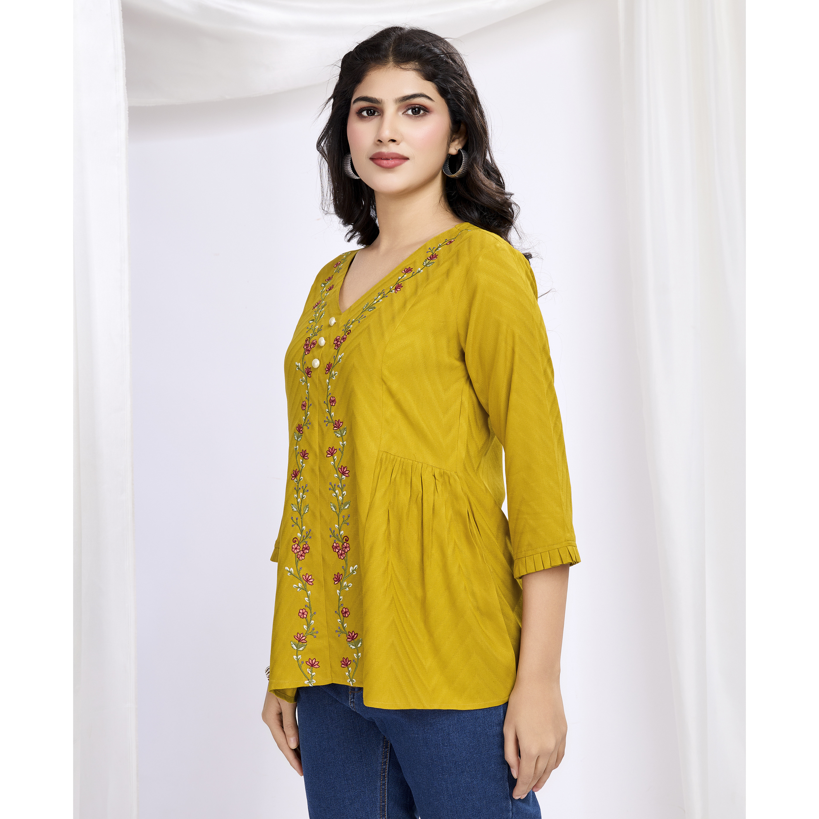 MOJILAA Women's Mustard Pure Viscose Floral Embroidered A-line Top (Size S, Color Mustard)