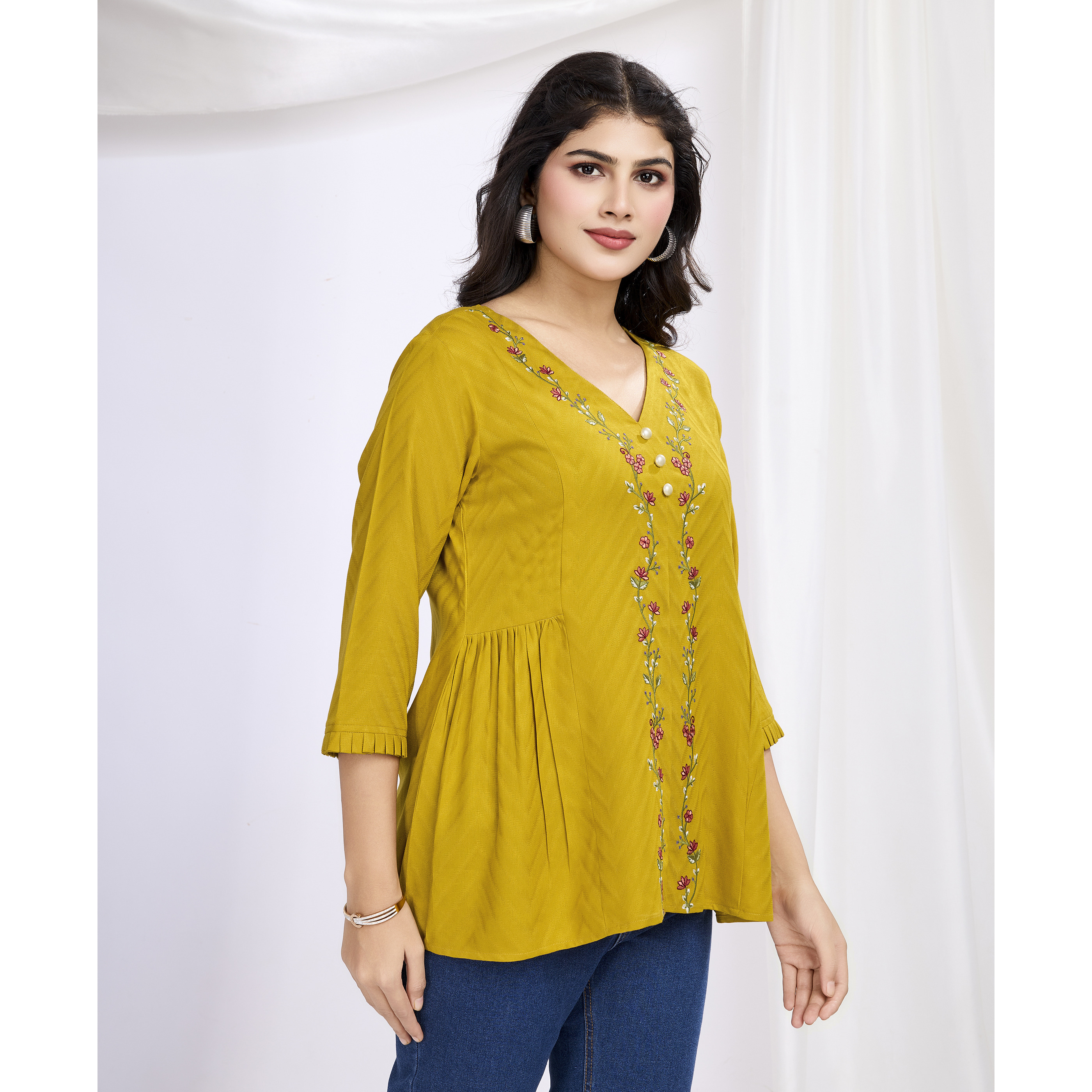 MOJILAA Women's Mustard Pure Viscose Floral Embroidered A-line Top (Size S, Color Mustard)