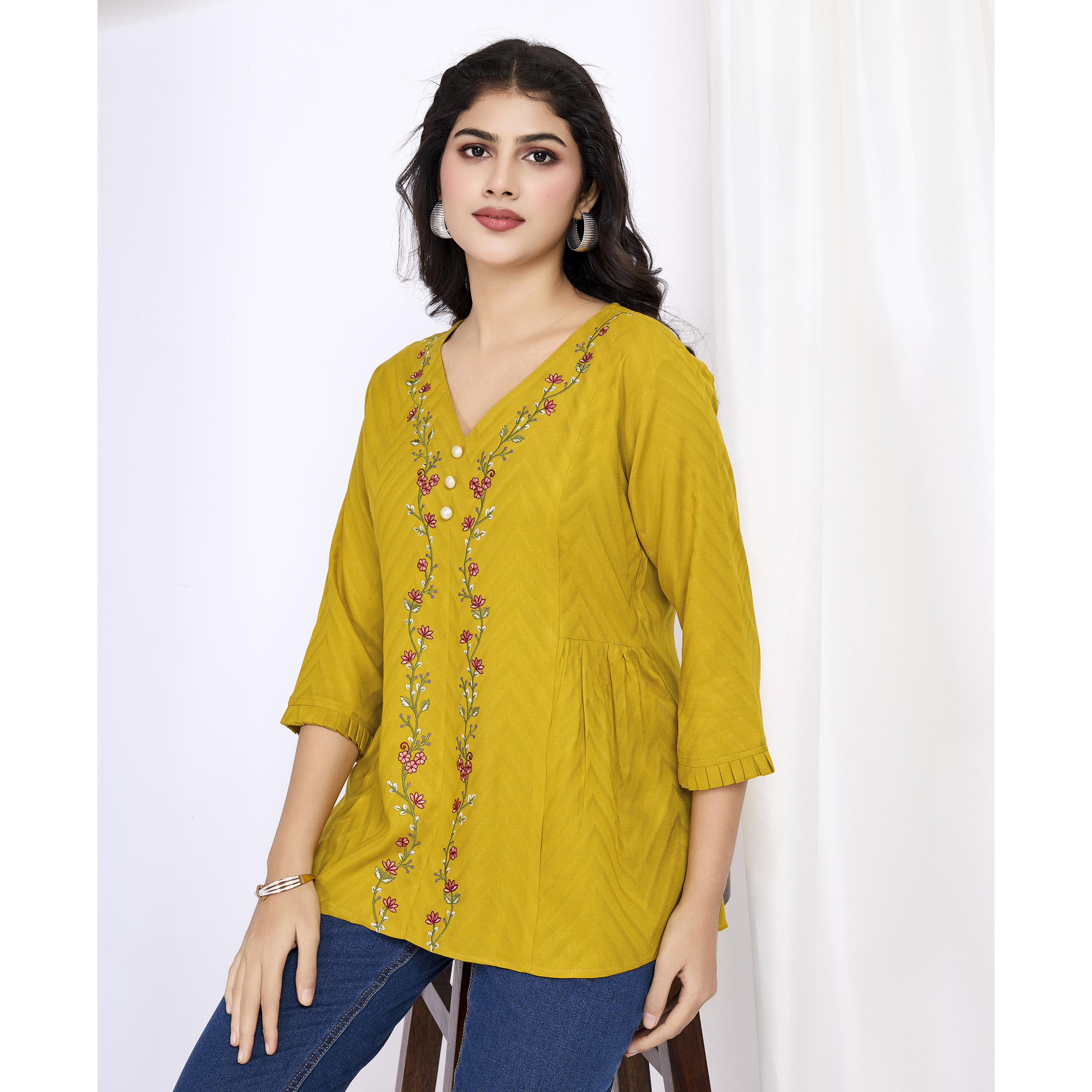 MOJILAA Women's Mustard Pure Viscose Floral Embroidered A-line Top (Size S, Color Mustard)