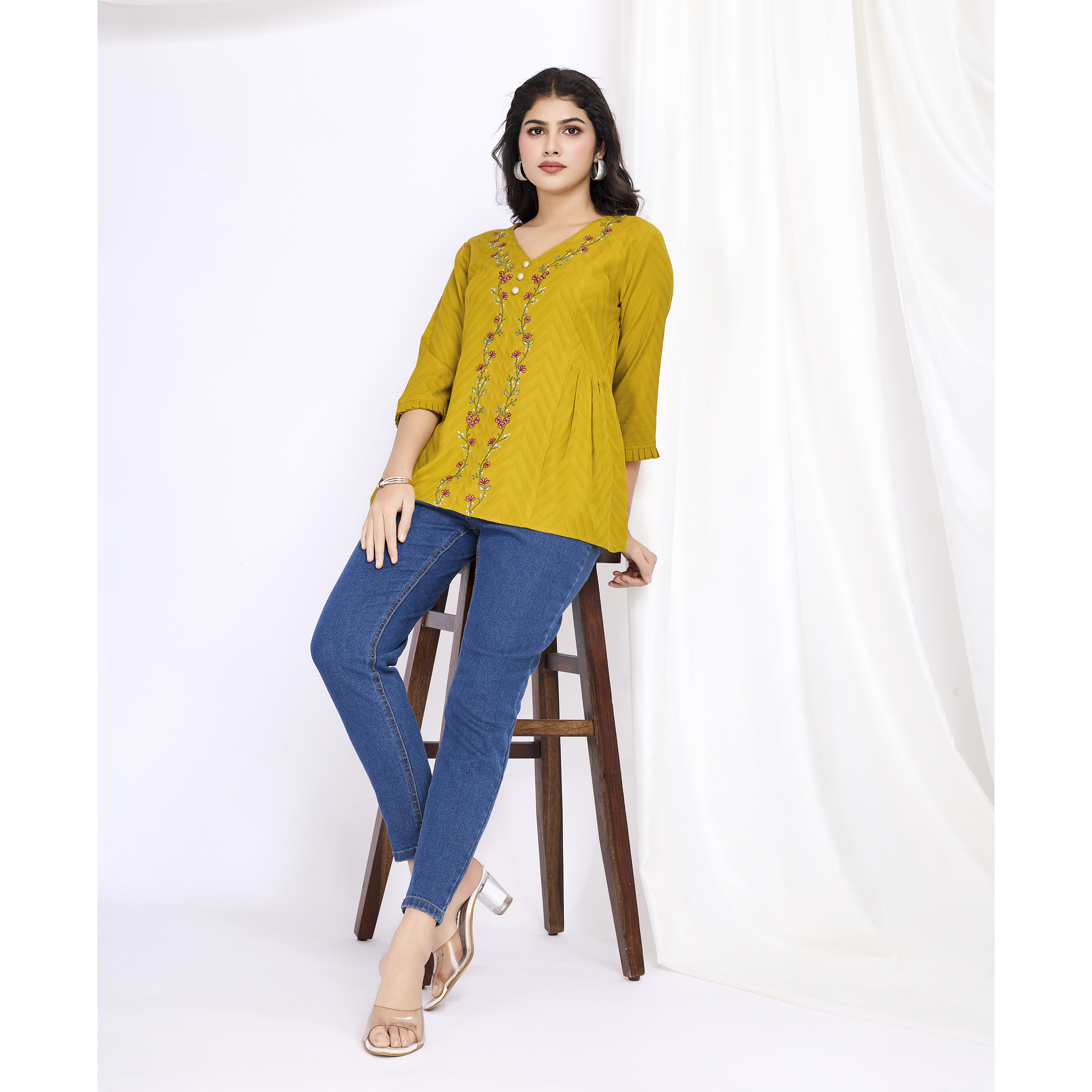 MOJILAA Women's Mustard Pure Viscose Floral Embroidered A-line Top (Size S, Color Mustard)