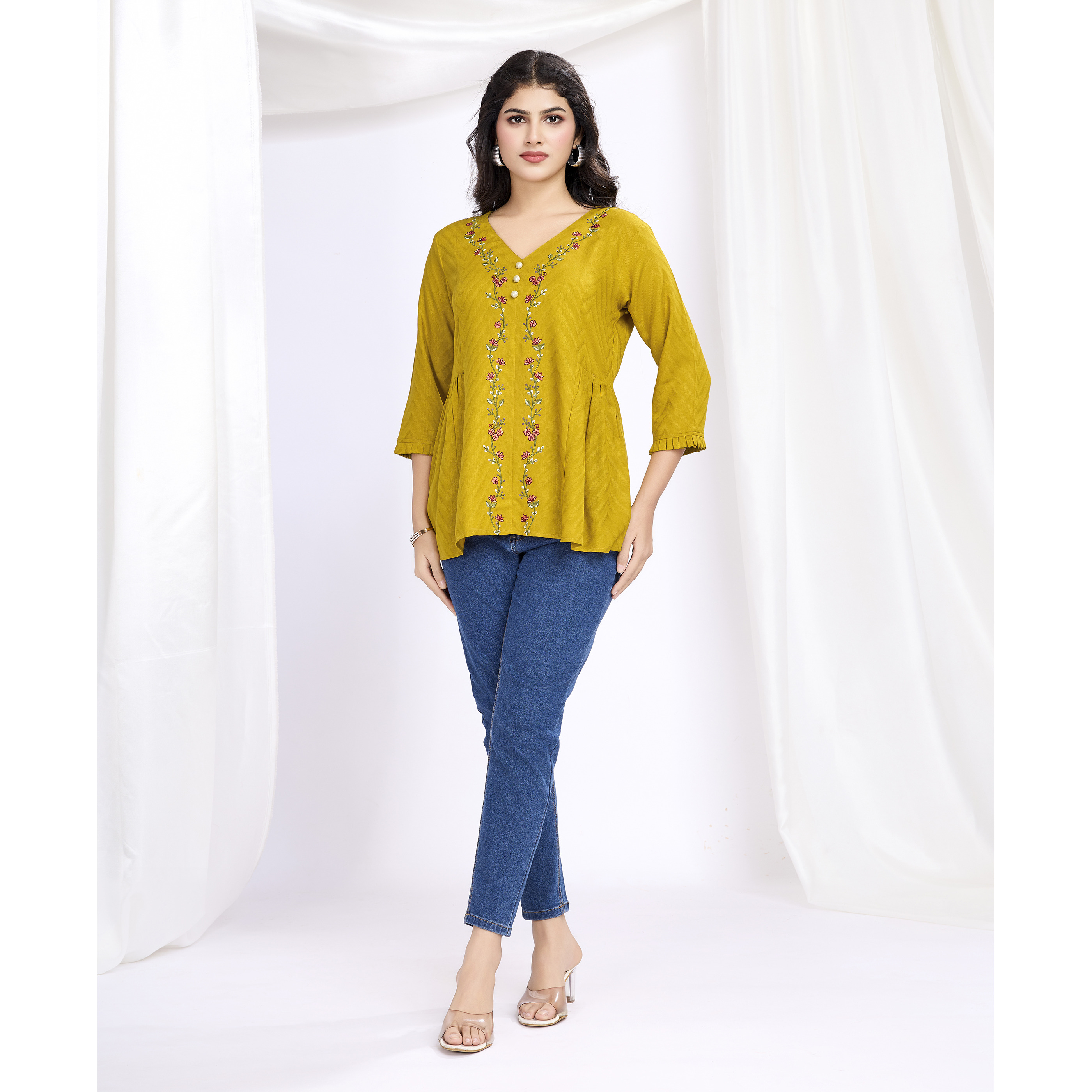MOJILAA Women's Mustard Pure Viscose Floral Embroidered A-line Top (Size S, Color Mustard)
