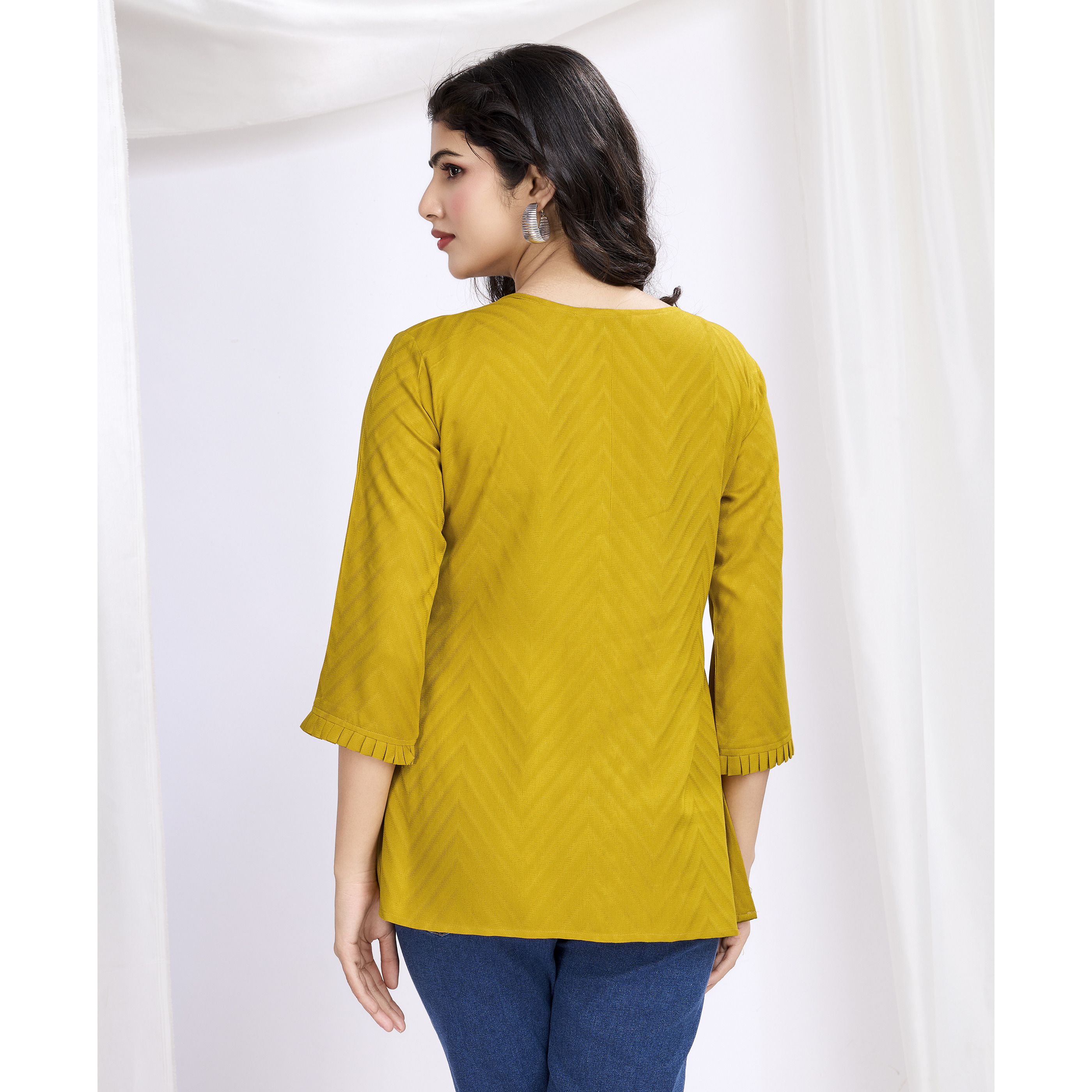 MOJILAA Women's Mustard Pure Viscose Floral Embroidered A-line Top (Size S, Color Mustard)