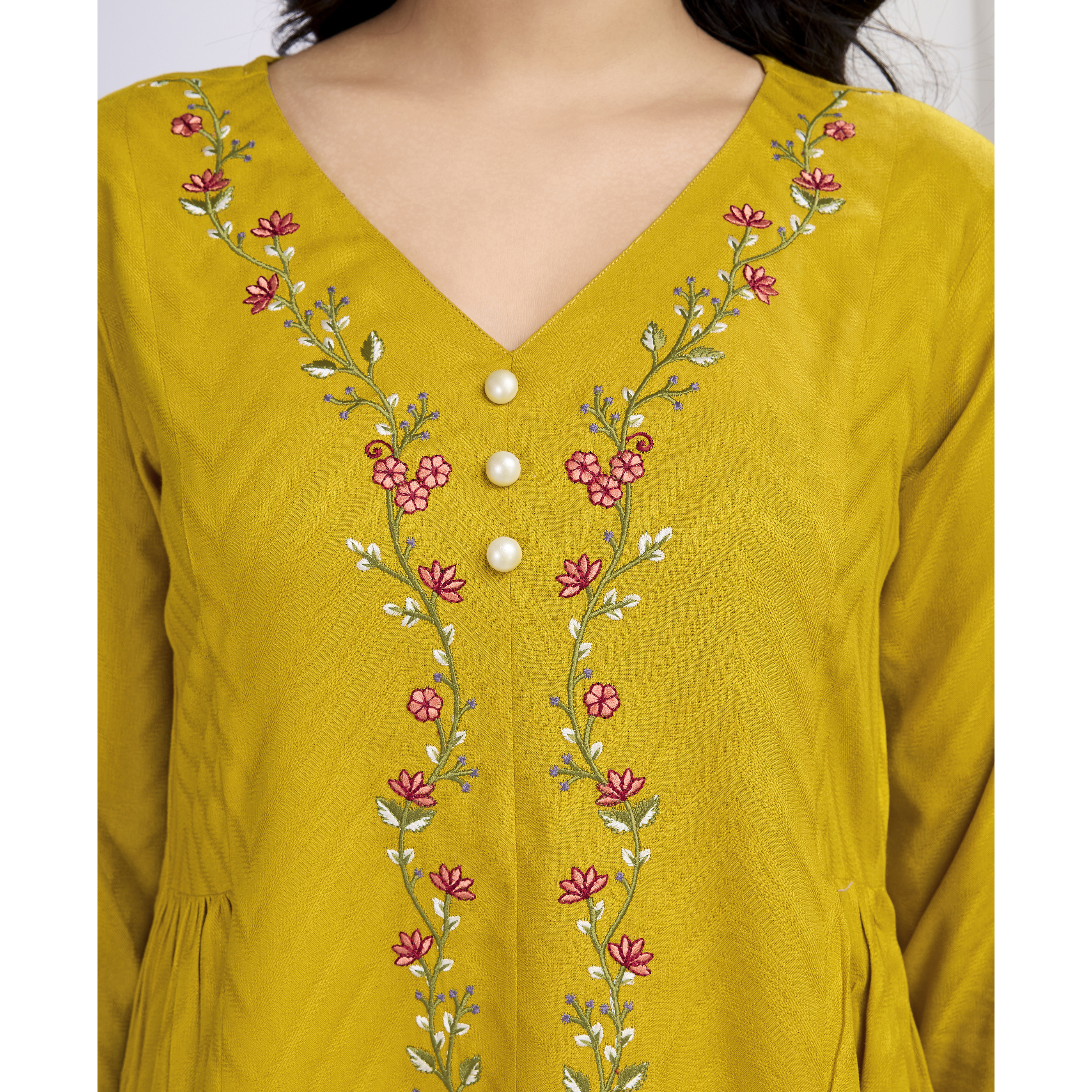MOJILAA Women's Mustard Pure Viscose Floral Embroidered A-line Top (Size S, Color Mustard)