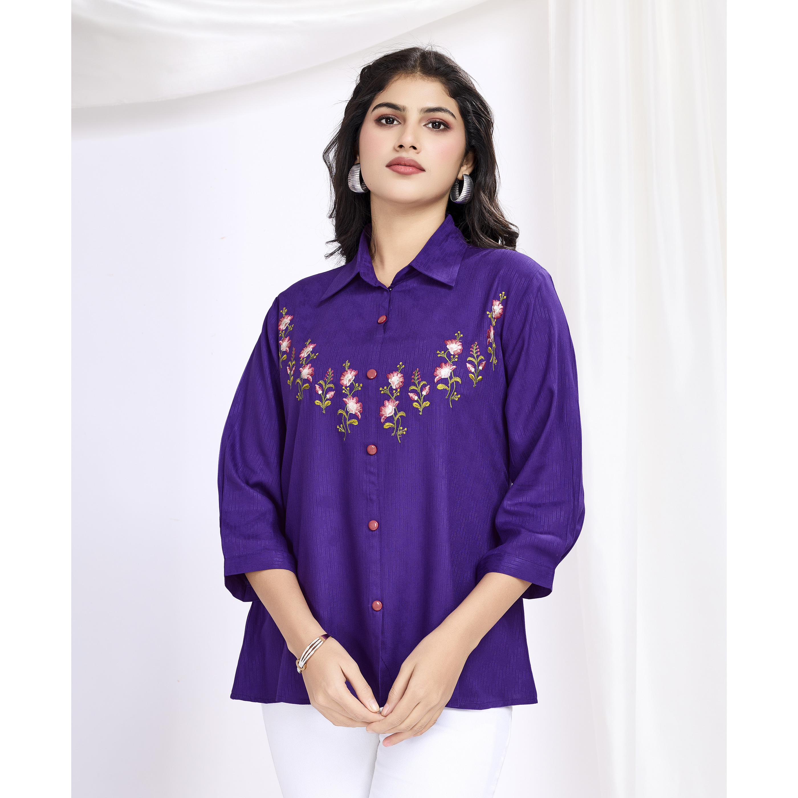 MOJILAA Women's Purple Pure Viscose Floral Embroidered Shirt Style Top