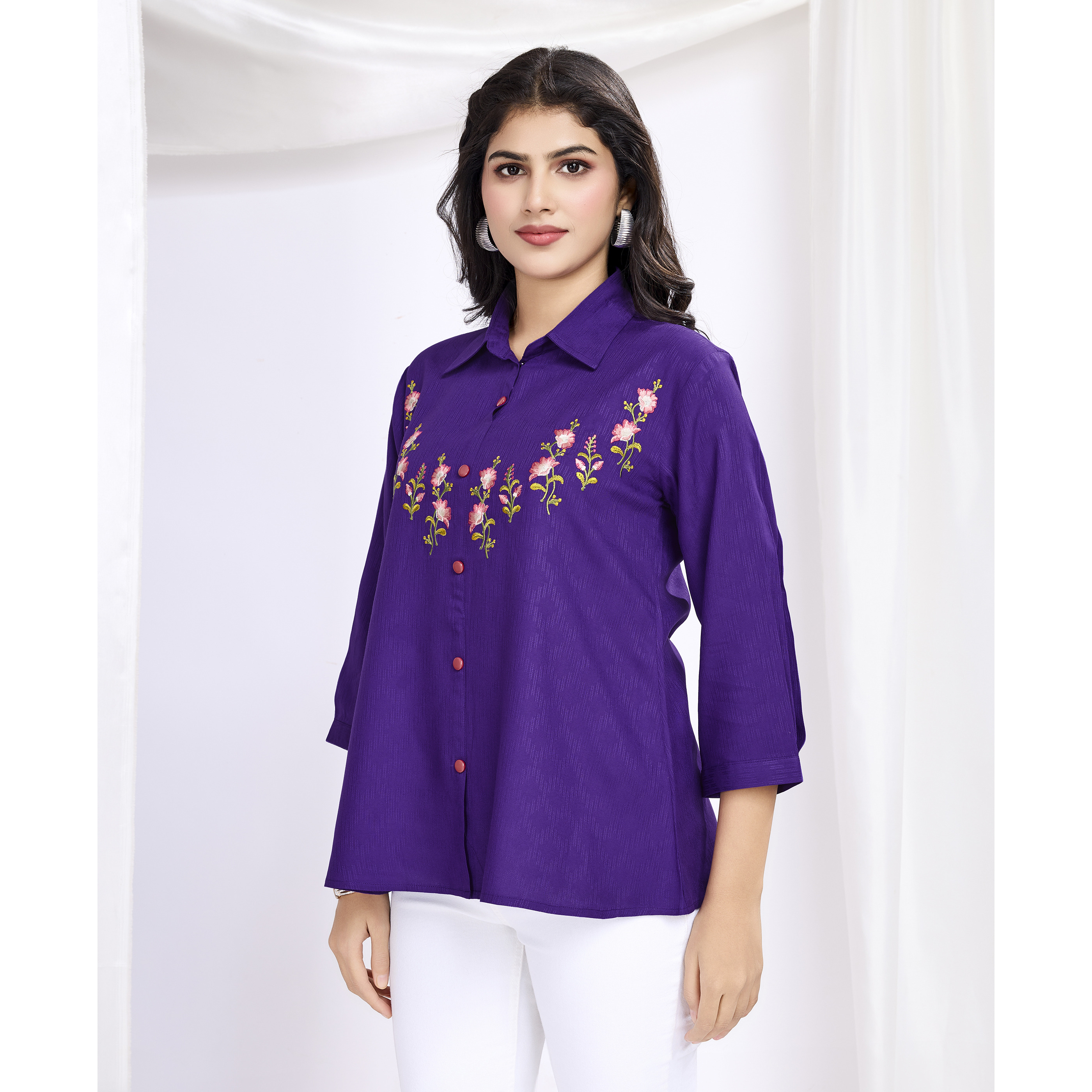 MOJILAA Women's Purple Pure Viscose Floral Embroidered Shirt Style Top (Size S, Color Purple)