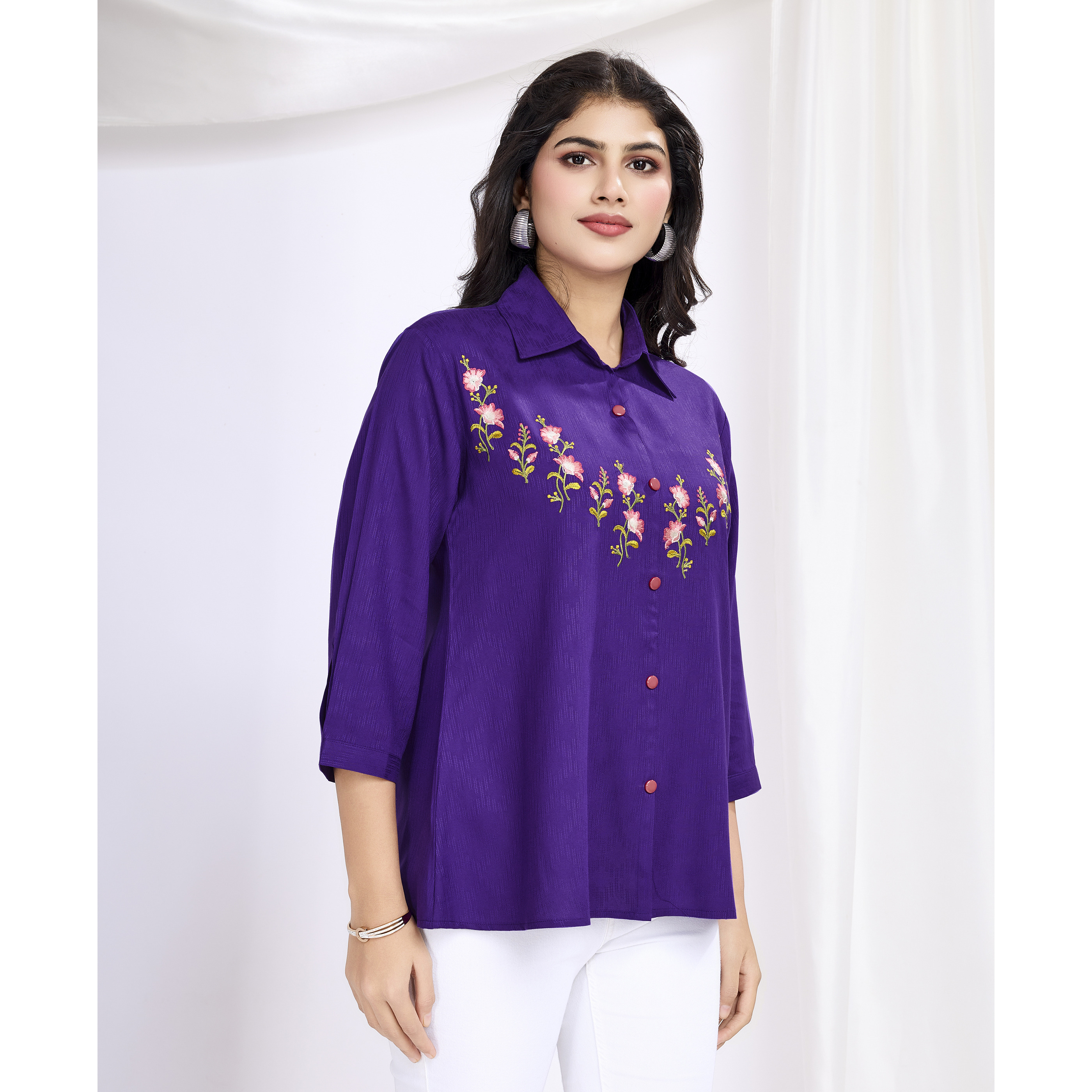 MOJILAA Women's Purple Pure Viscose Floral Embroidered Shirt Style Top (Size S, Color Purple)