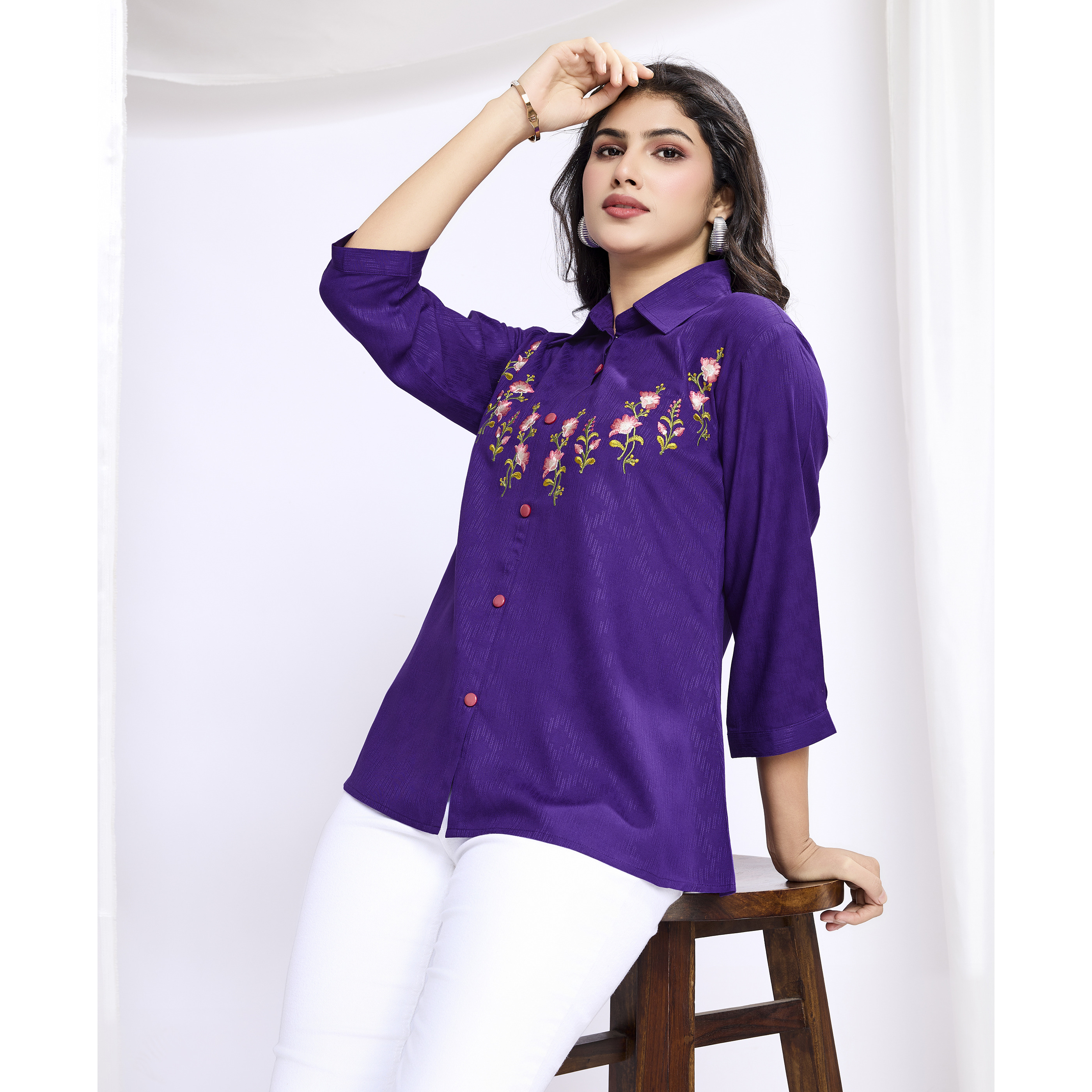 MOJILAA Women's Purple Pure Viscose Floral Embroidered Shirt Style Top (Size S, Color Purple)