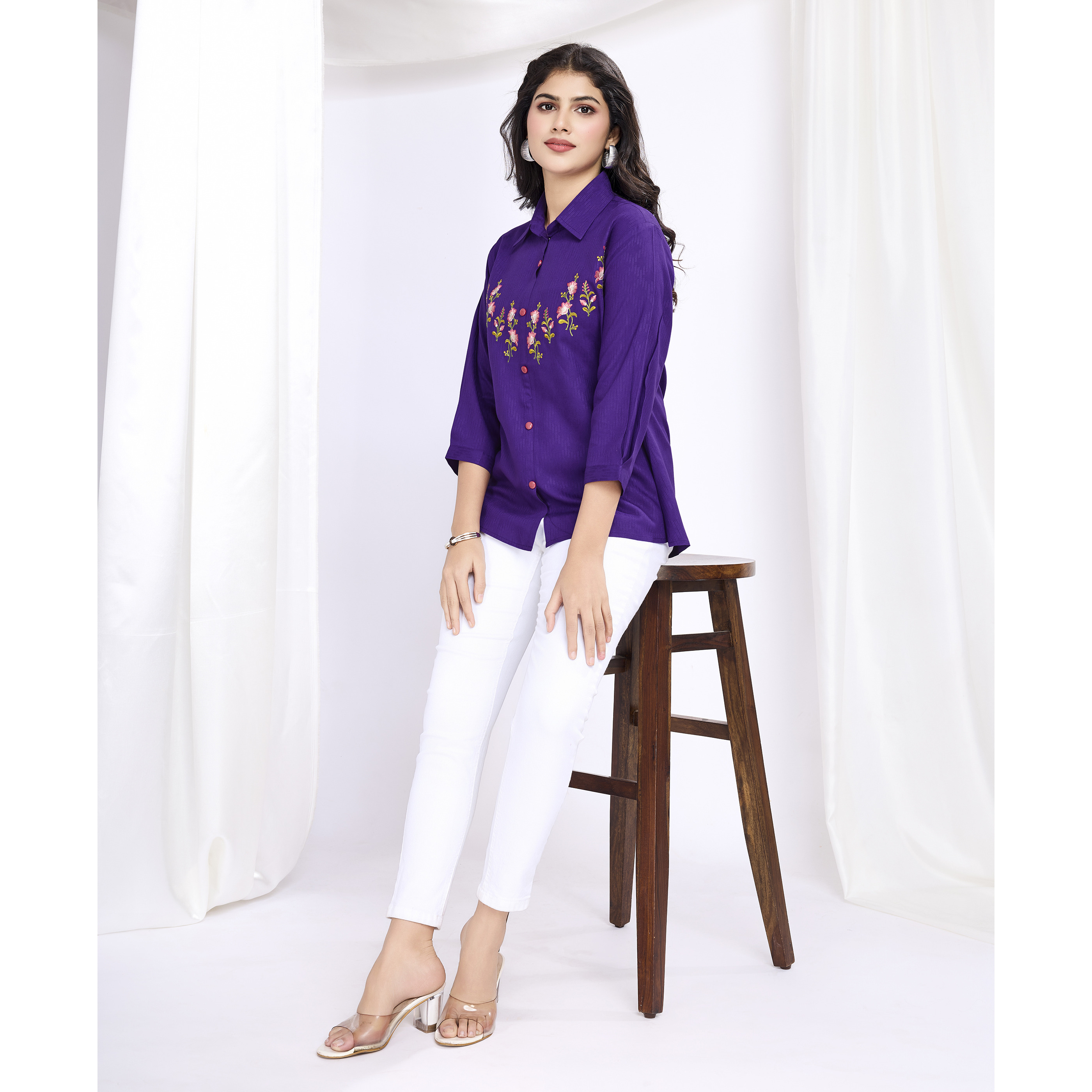 MOJILAA Women's Purple Pure Viscose Floral Embroidered Shirt Style Top (Size S, Color Purple)