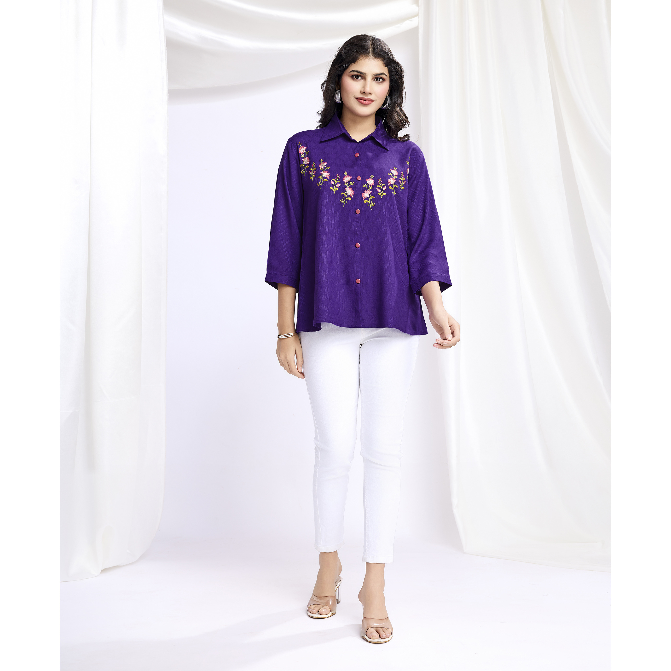 MOJILAA Women's Purple Pure Viscose Floral Embroidered Shirt Style Top (Size S, Color Purple)