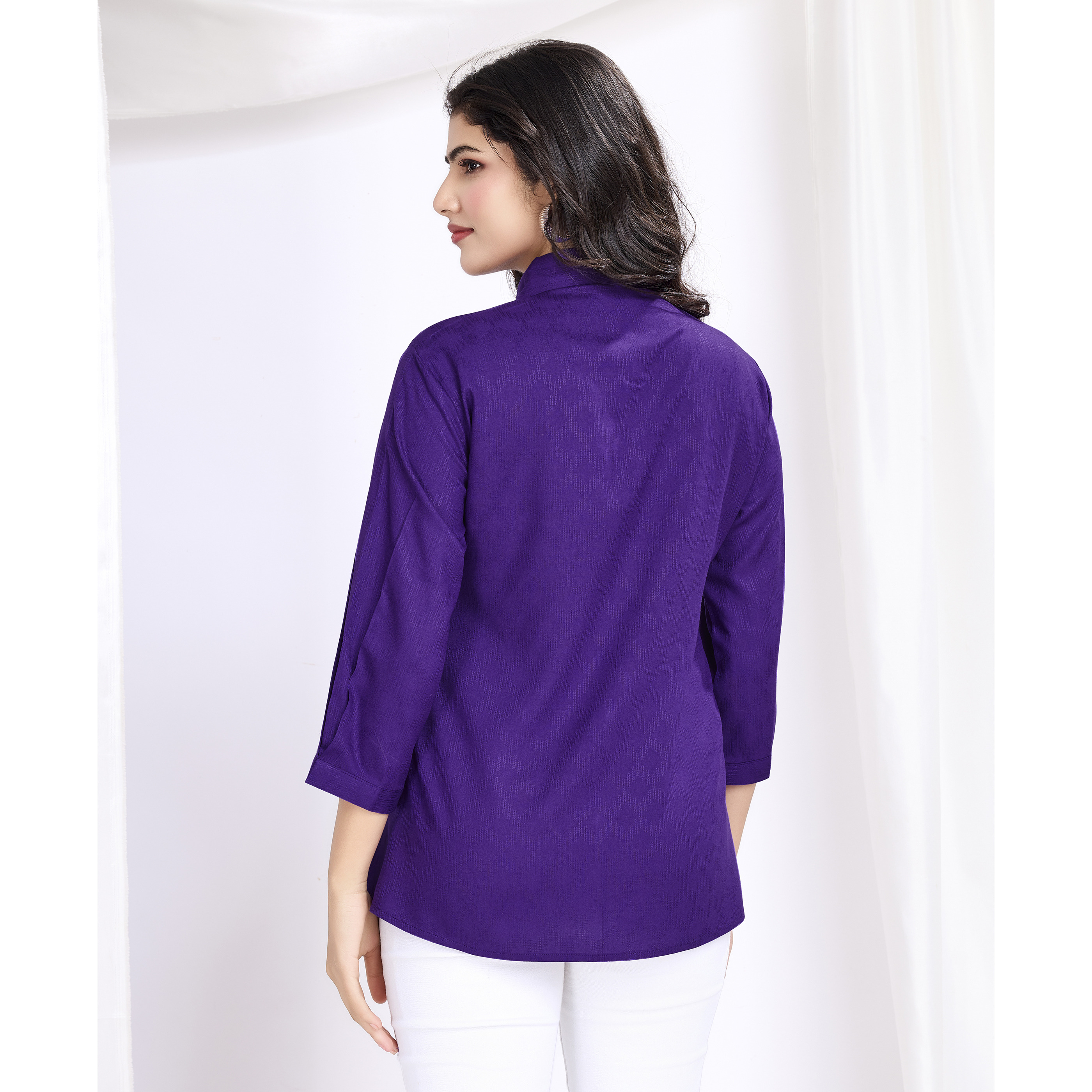 MOJILAA Women's Purple Pure Viscose Floral Embroidered Shirt Style Top (Size S, Color Purple)