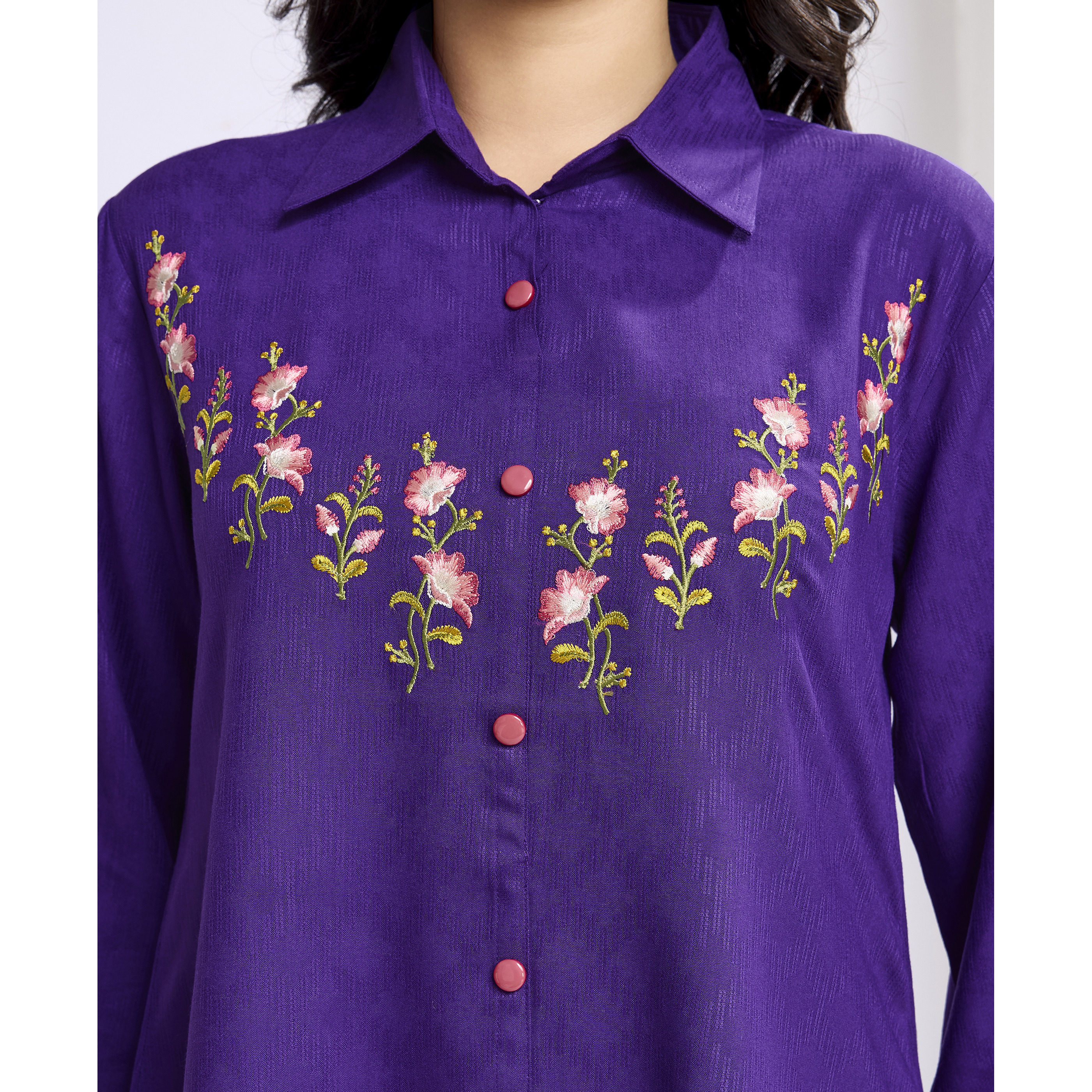 MOJILAA Women's Purple Pure Viscose Floral Embroidered Shirt Style Top (Size S, Color Purple)