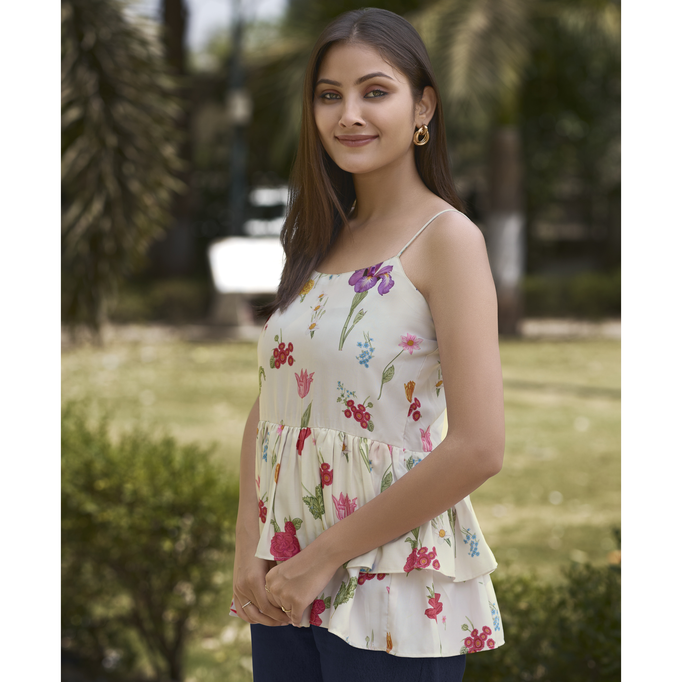 MOJILAA Women's White Blend Rayon Floral & Leaf Printed Peplum Top (Size S, Color White)