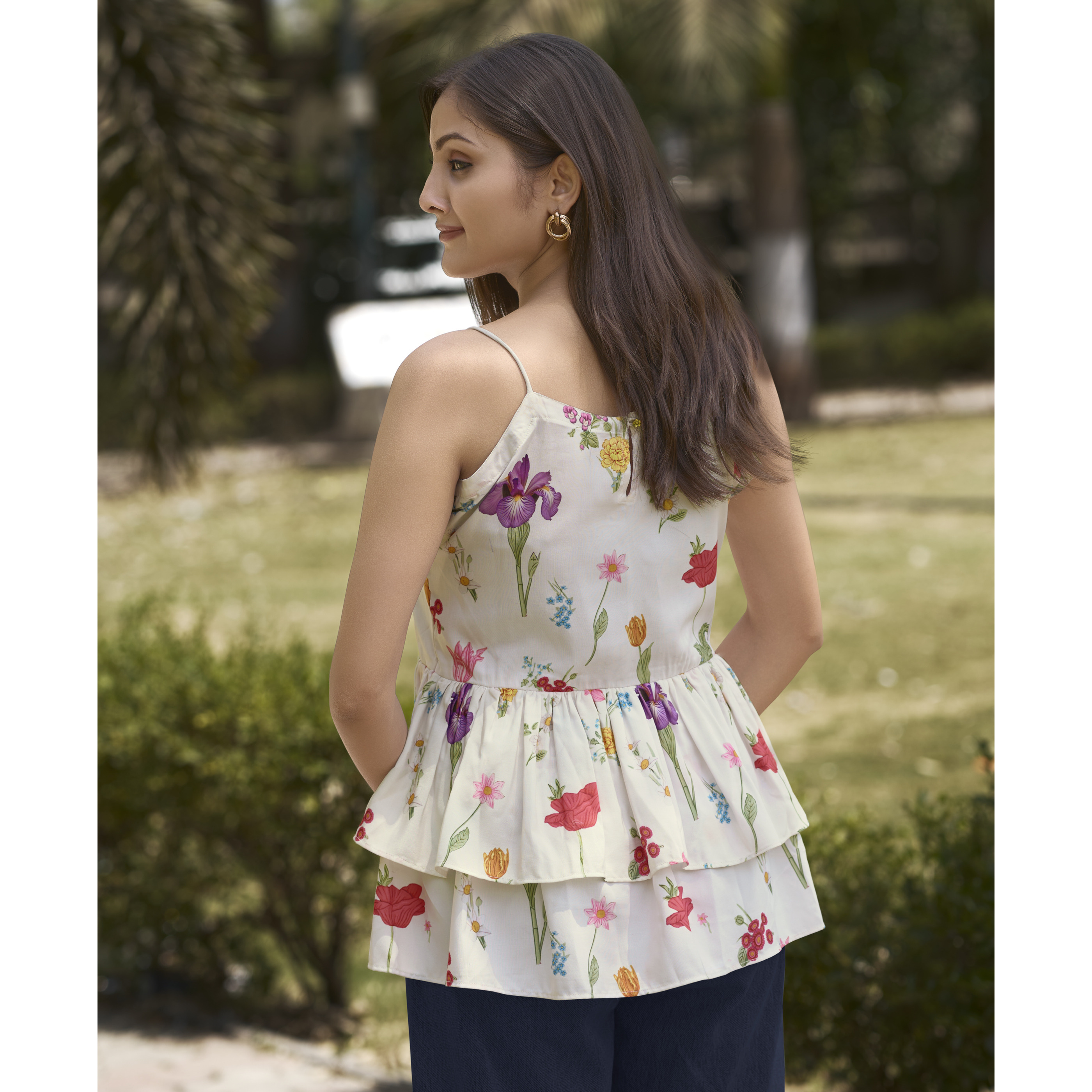 MOJILAA Women's White Blend Rayon Floral & Leaf Printed Peplum Top (Size S, Color White)