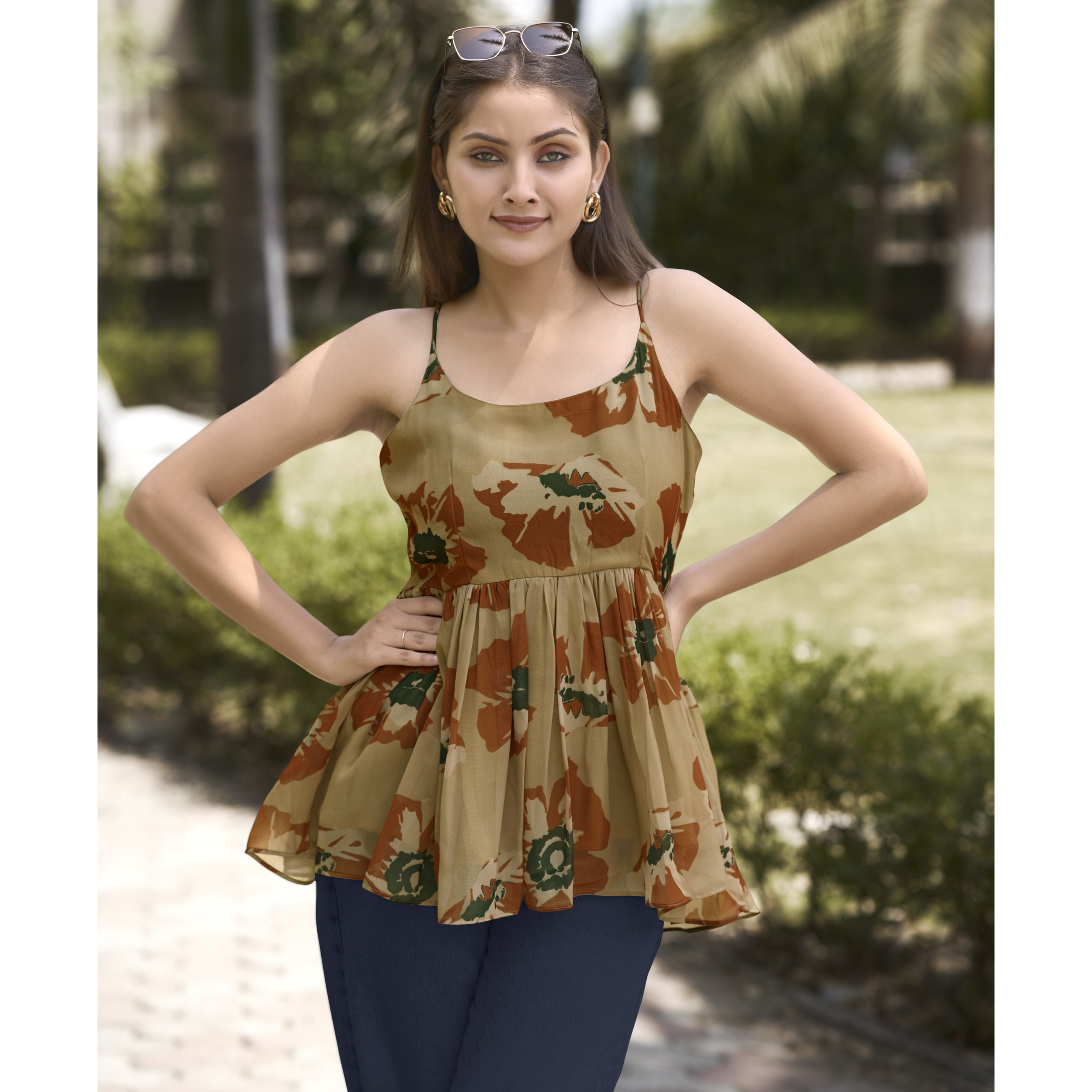 MOJILAA Women's Brown Blend Georgette Abstract Printed Peplum Top (Size S, Color Brown)